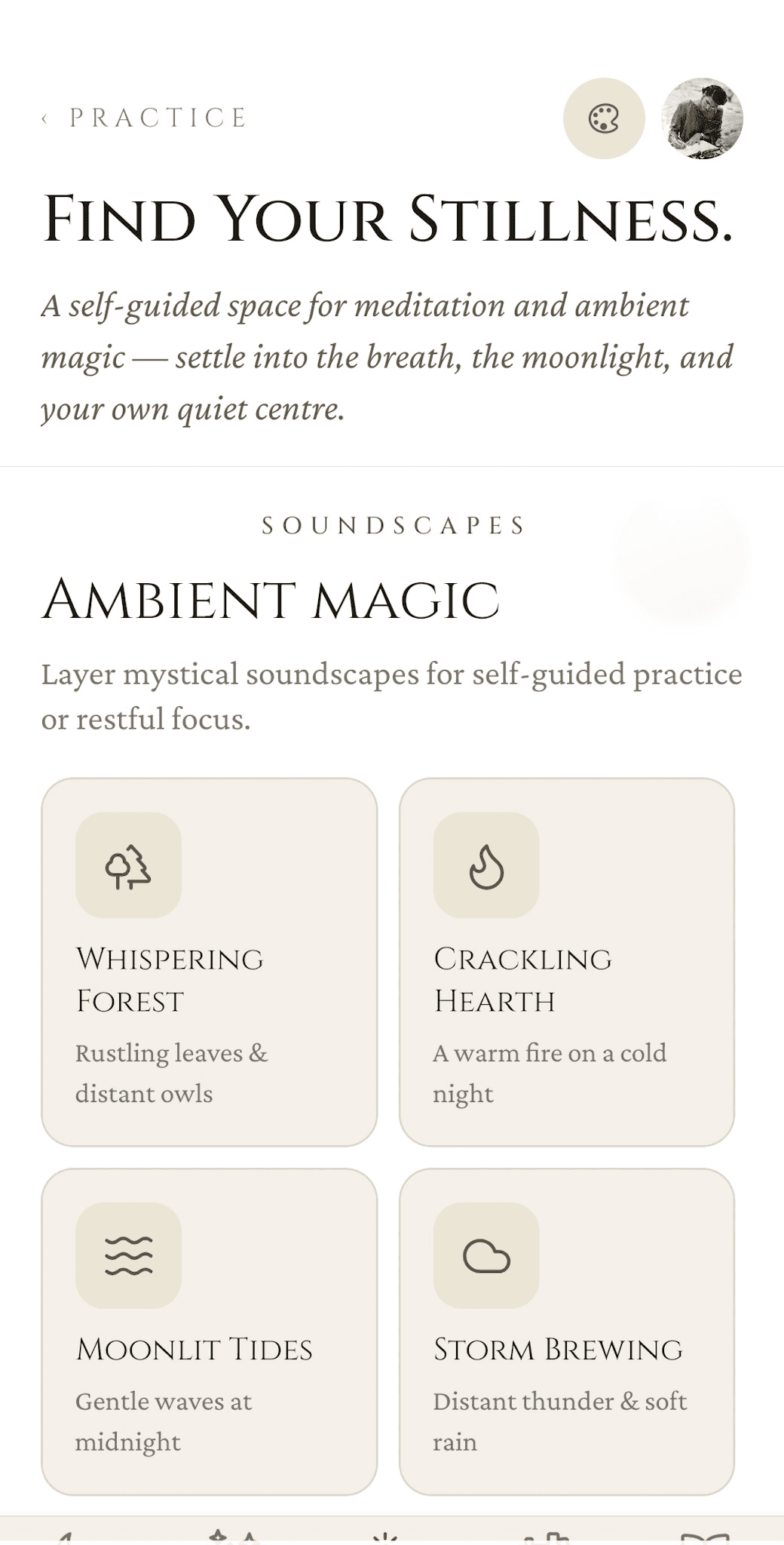 Soundscapes — Ambient Magic section with six tiles: Whispering Forest, Crackling Hearth, Moonlit Tides, Storm Brewing