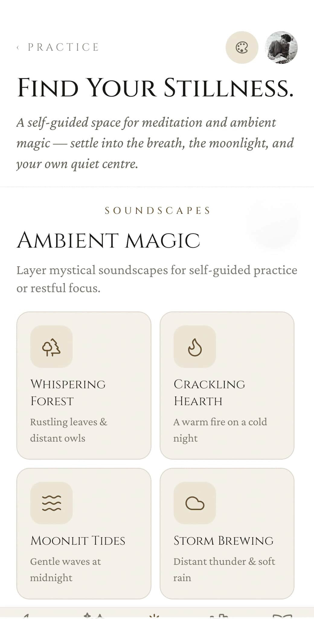 Soundscapes: Ambient Magic section with six tiles: Whispering Forest, Crackling Hearth, Moonlit Tides, Storm Brewing