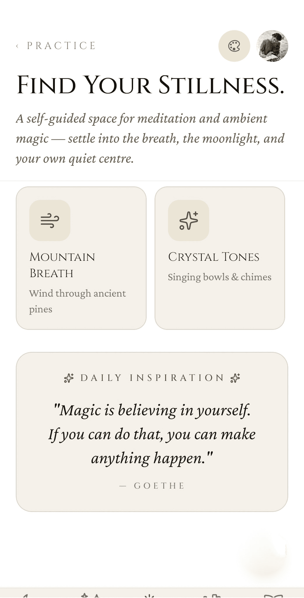 Soundscapes continued (Mountain Breath, Crystal Tones) plus the Daily Inspiration quote panel