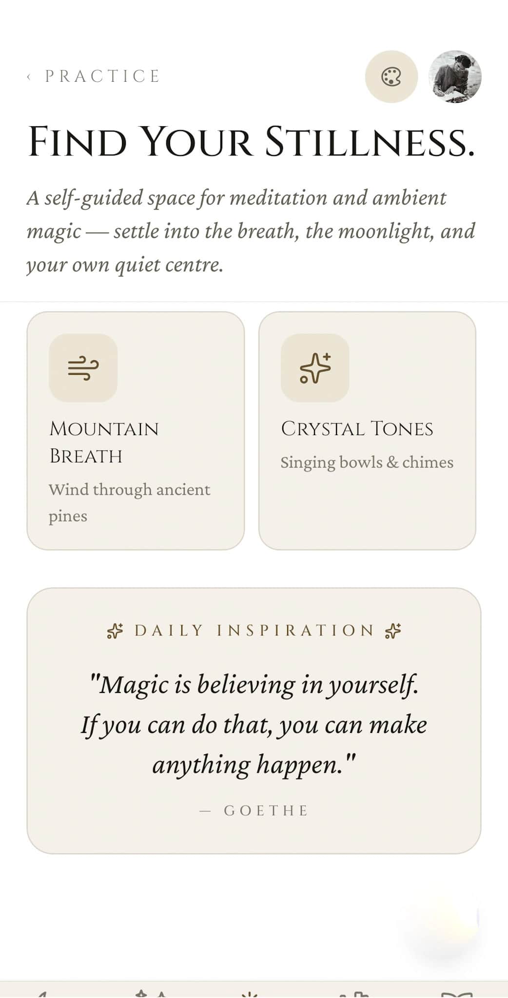 Soundscapes continued (Mountain Breath, Crystal Tones) plus the Daily Inspiration quote panel