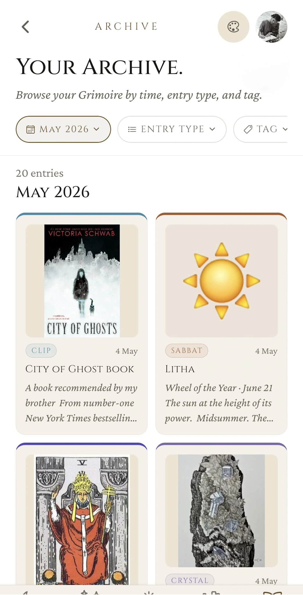 My Craft archive: browseable by month, entry type, and tag, showing a grid of clips, sabbat notes, and other entries for May 2026