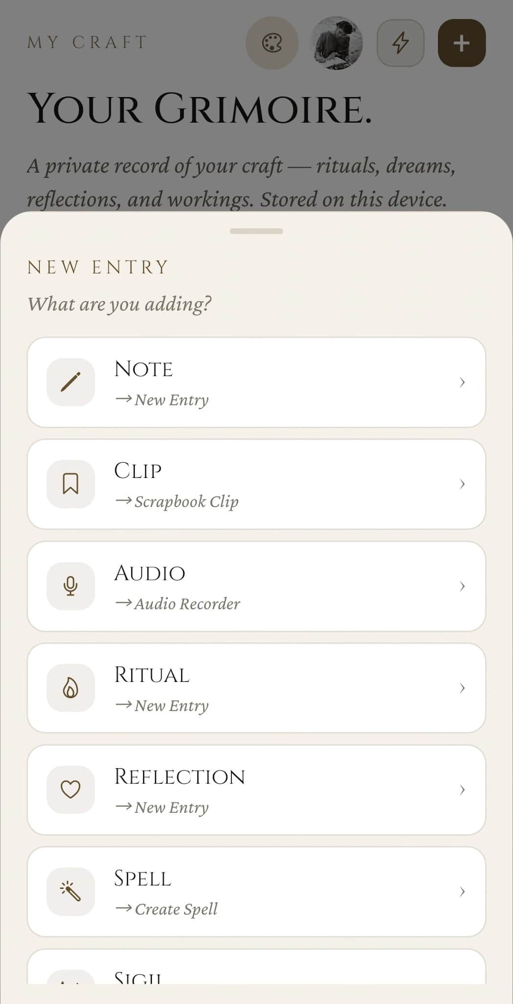 My Craft new entry sheet: choose between Note, Clip, Audio, Ritual, Reflection, and Spell entry types