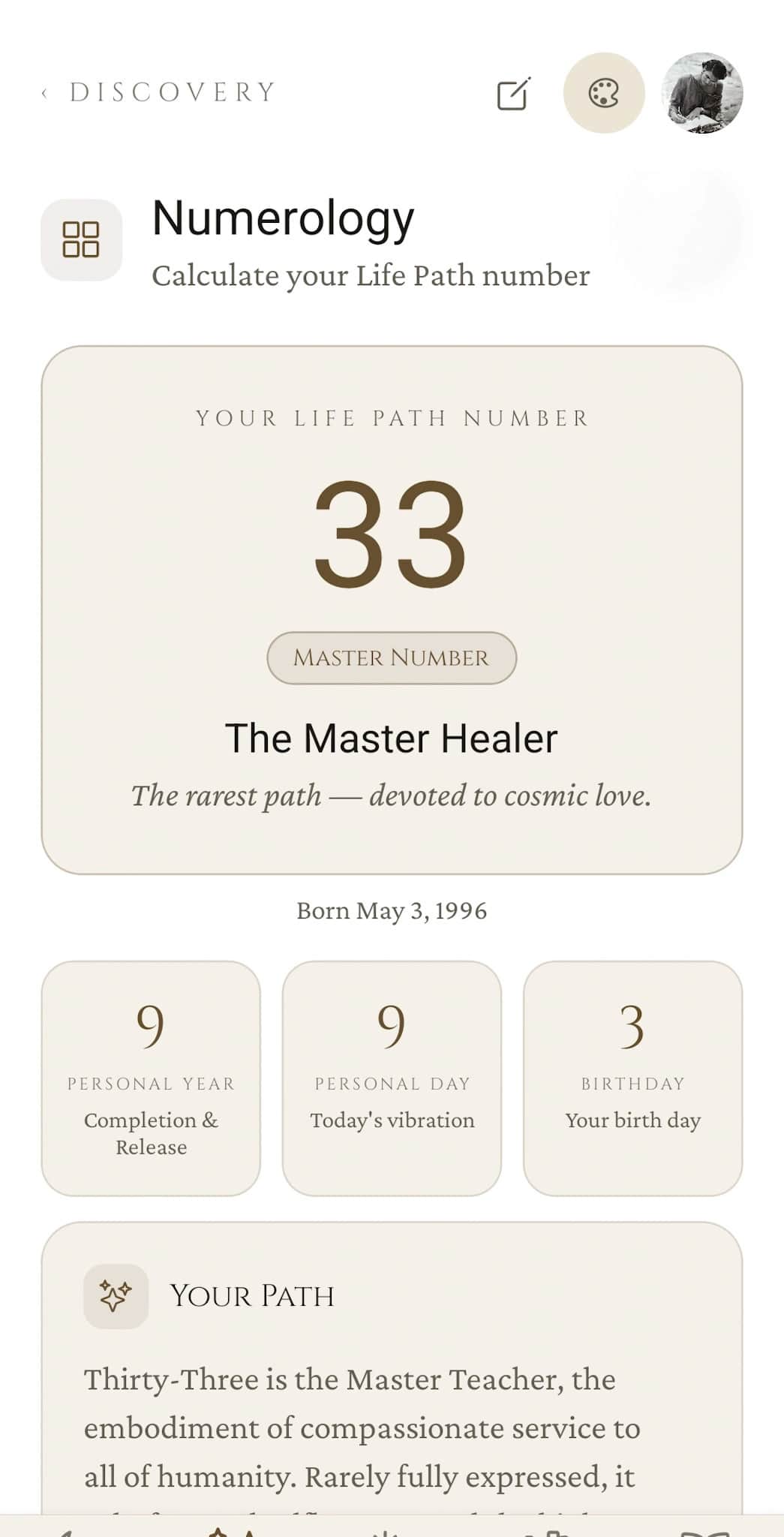 Grimoire numerology: life path number 33 with master number callout, personal year, day, and birthday