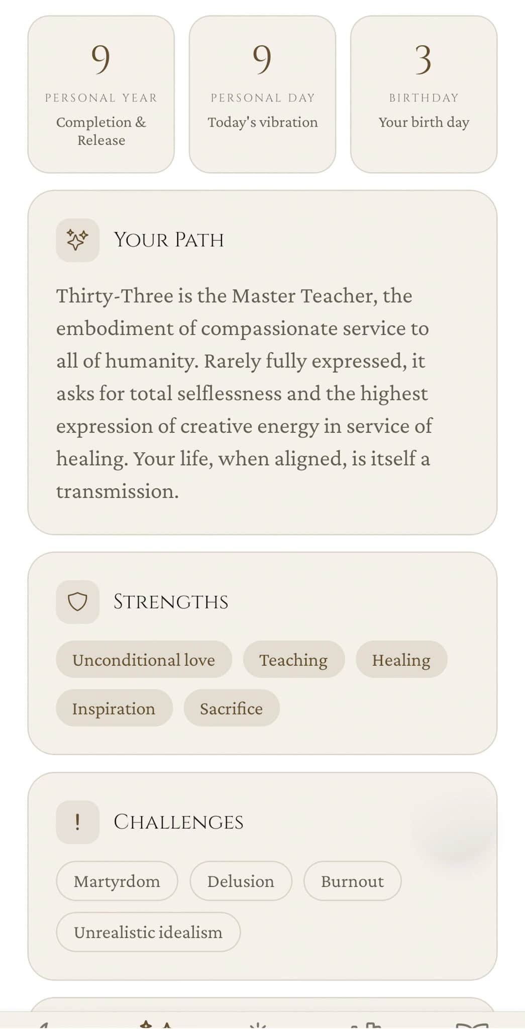 Numerology profile: Your Path narrative with Strengths and Challenges chips