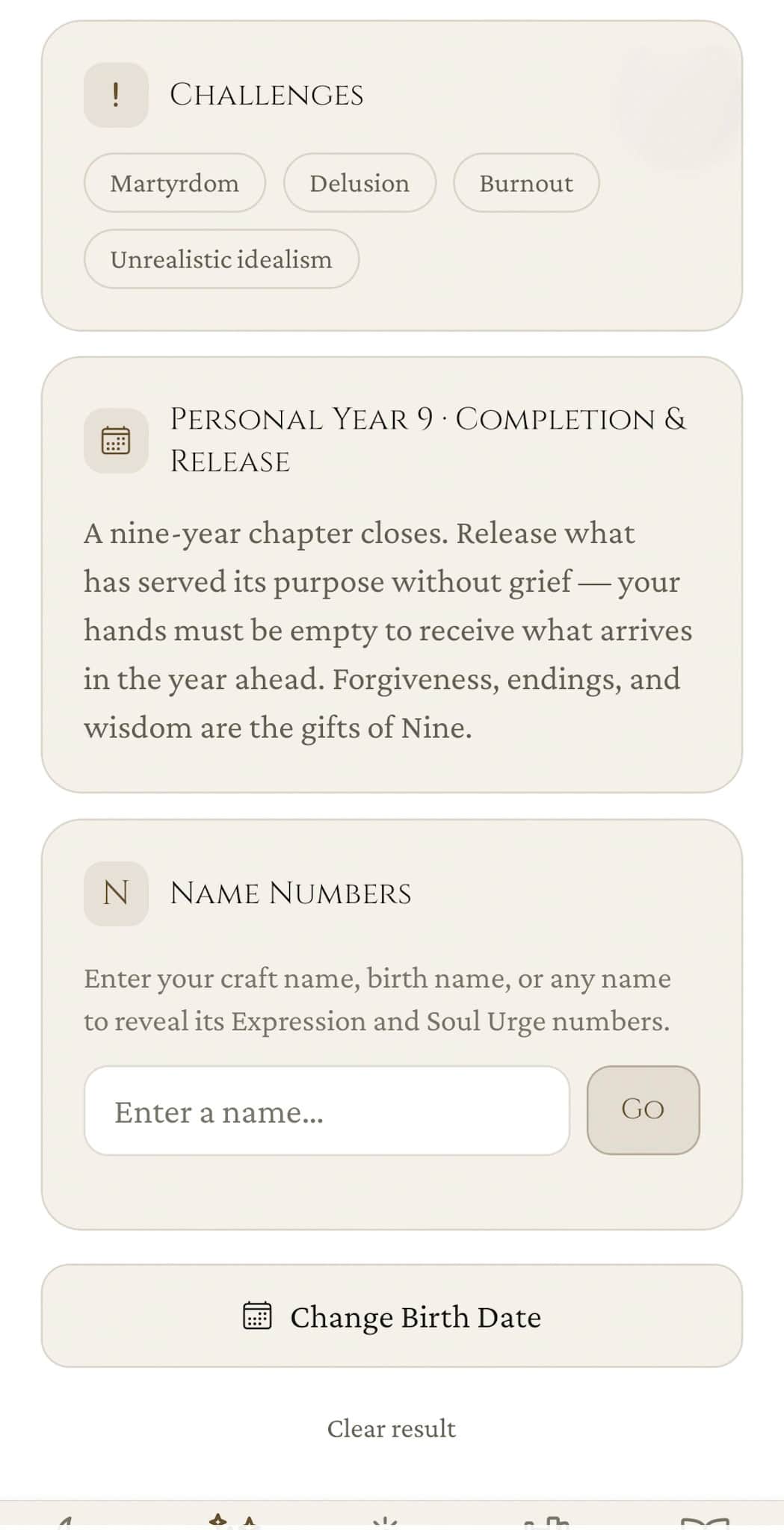 Personal Year detail and Name Numbers calculator for expression and soul urge numbers