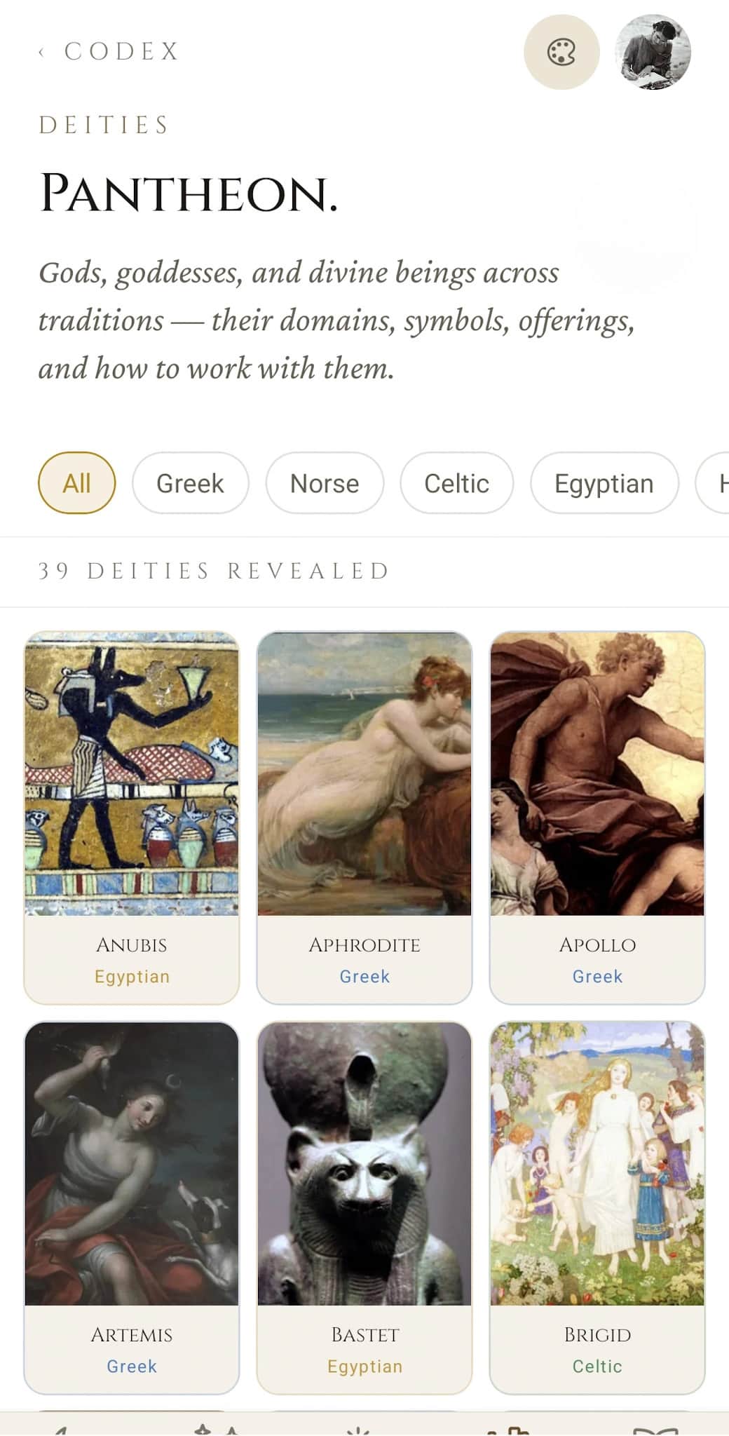 Pantheon home: Deities eyebrow, tradition filter chips (All, Greek, Norse, Celtic, Egyptian, Hindu), 39 deities revealed, with the first portraits visible (Anubis, Aphrodite, Apollo, Artemis, Bastet, Brigid)