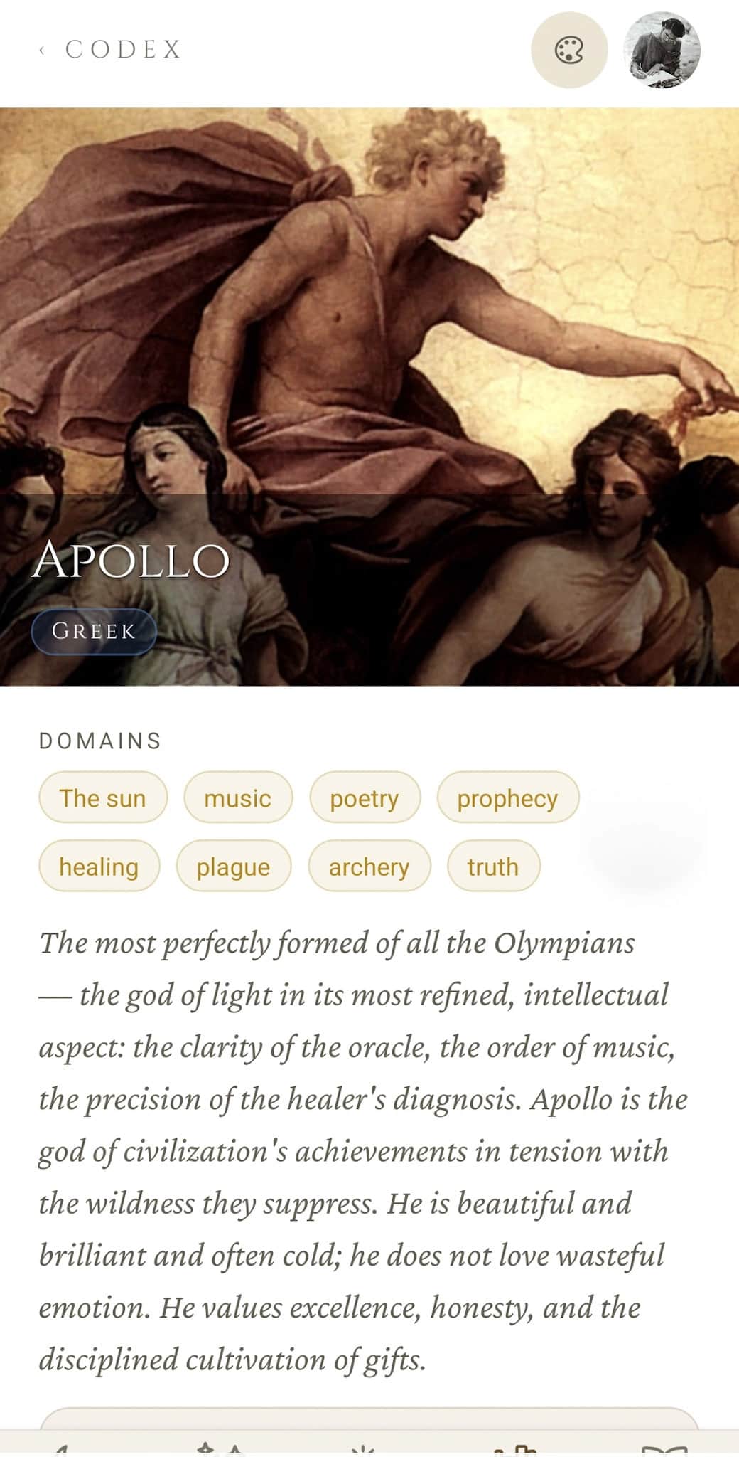 Pantheon detail: Apollo's profile with classical painting, Greek tradition chip, Domains chips (the sun, music, poetry, prophecy, healing, plague, archery, truth), and prose description