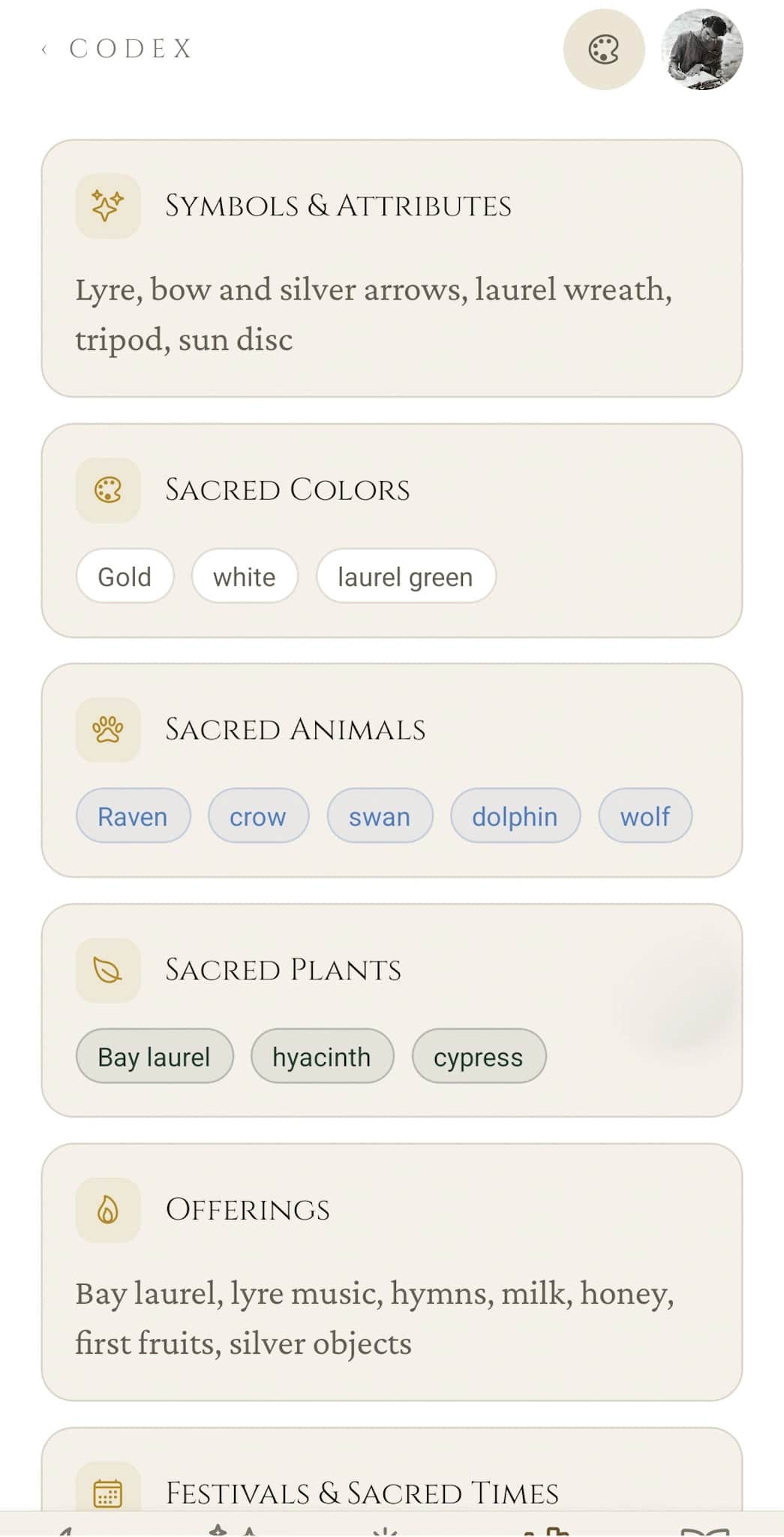 Pantheon: Apollo continued with Symbols & Attributes, Sacred Colors (gold, white, laurel green), Sacred Animals (raven, crow, swan, dolphin, wolf), Sacred Plants (bay laurel, hyacinth, cypress), and traditional Offerings