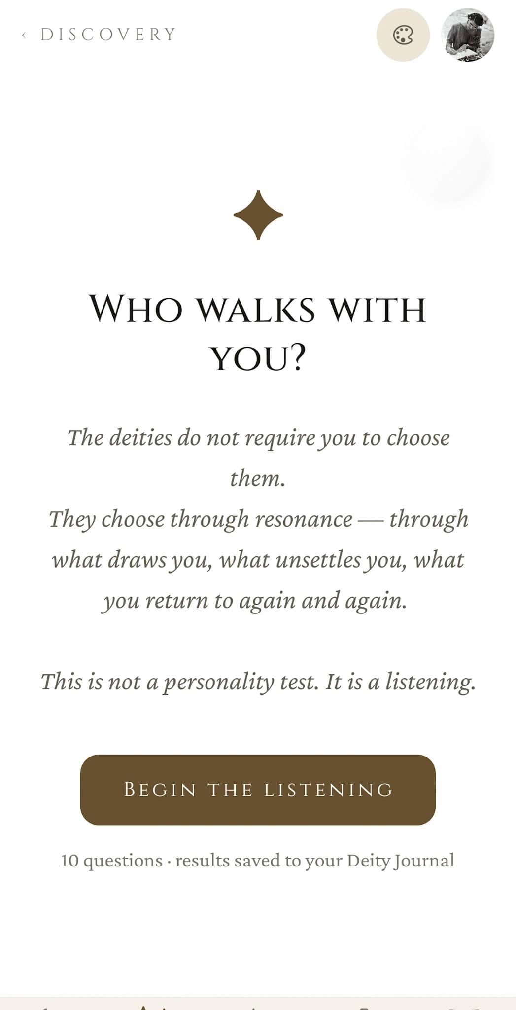 Patron Deities quiz intro: who walks with you, ten-question listening exercise saved to your Deity Journal