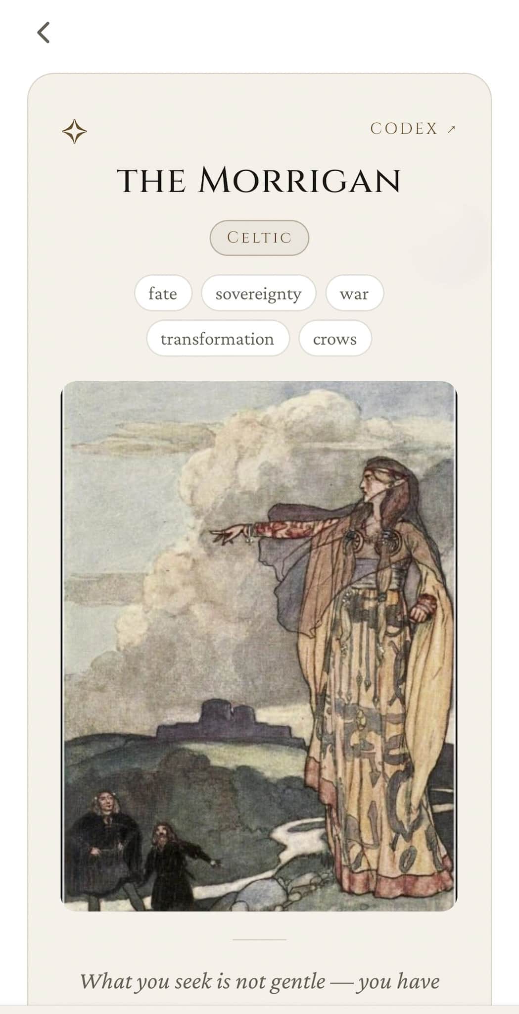 Patron Deities result: The Morrigan profile with Celtic tradition and fate, sovereignty, war, transformation, crows domains
