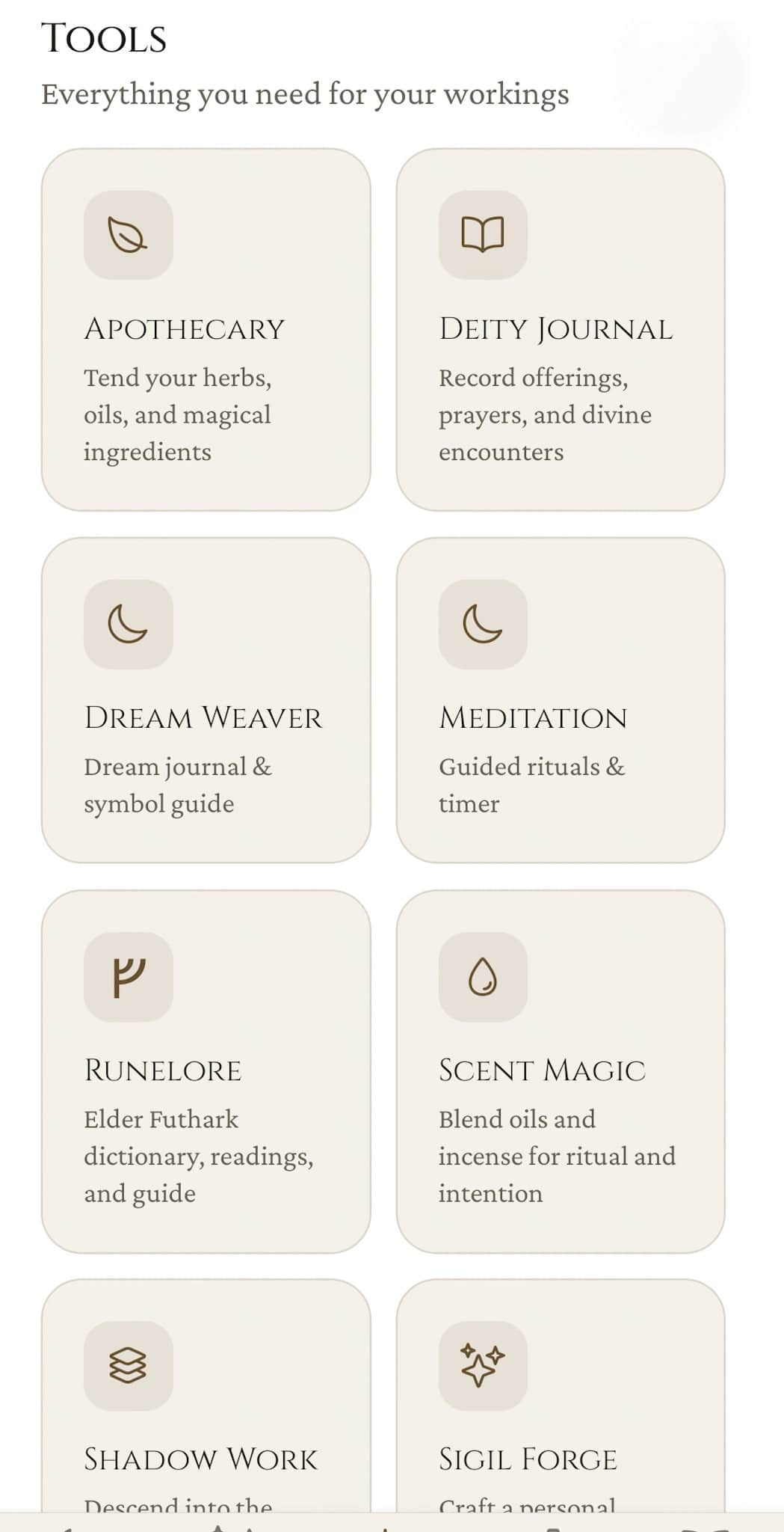 Practice tools grid: Apothecary, Deity Journal, Dream Weaver, Meditation, Runelore, Scent Magic, Shadow Work, and Sigil Forge tiles each with a one-line description