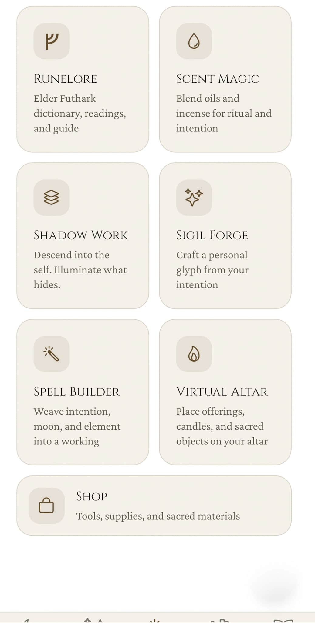 Practice tools grid continued: Spell Builder, Virtual Altar, and Shop tiles for sourcing supplies