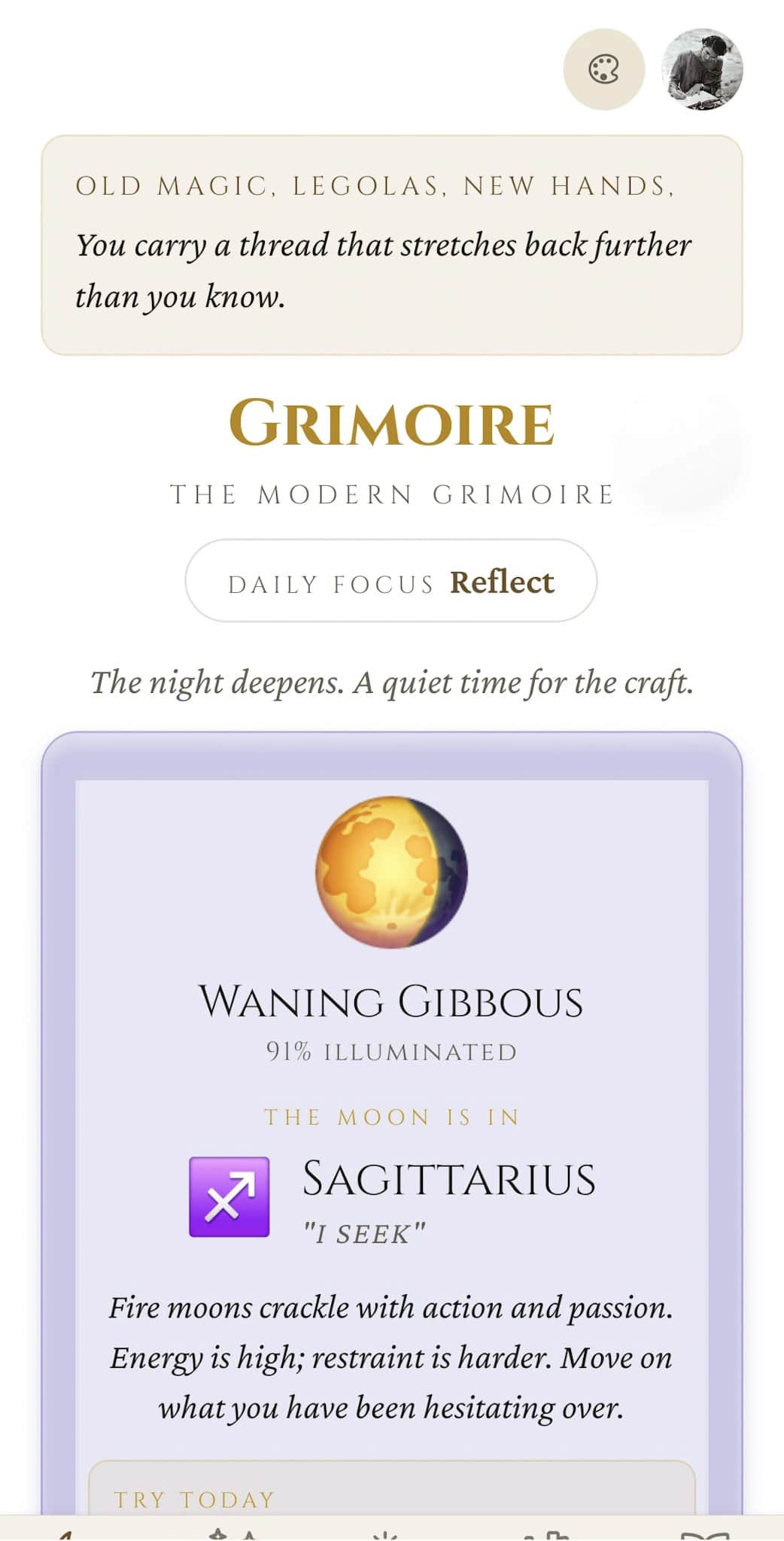 Grimoire App Daily Pulse: lunar tracking and daily tarot draws for solitary witches