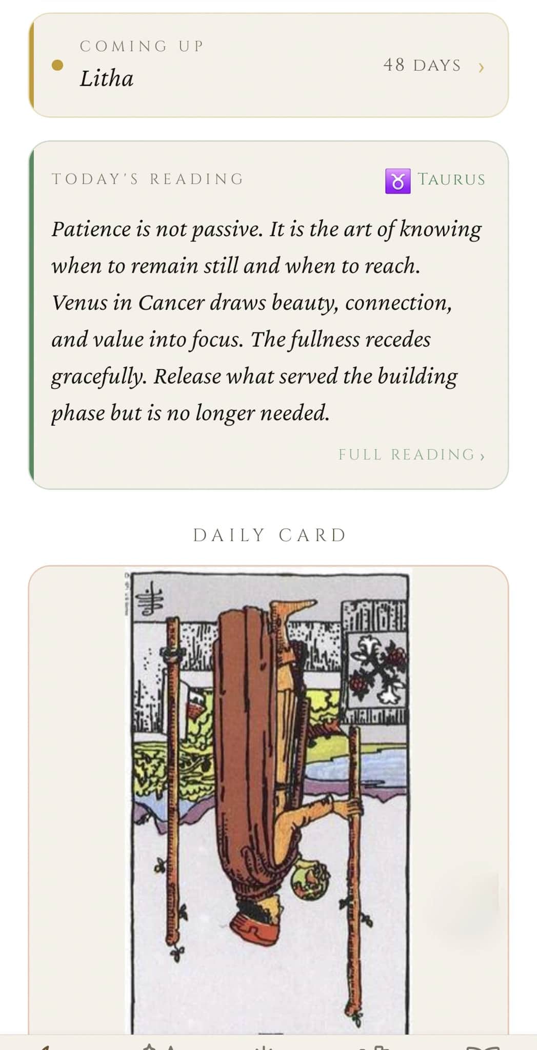 Daily Pulse: coming-up sabbat (Litha), Today's Reading prose for Taurus, and the day's tarot card draw