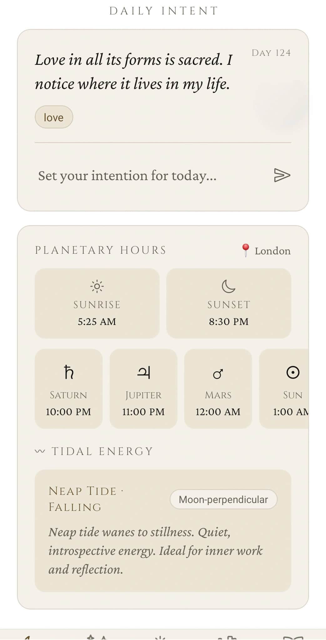 Daily Pulse: Daily Intent with prompt and tag, Planetary Hours panel for London (sunrise, sunset, hourly rulers), and the Tidal Energy panel