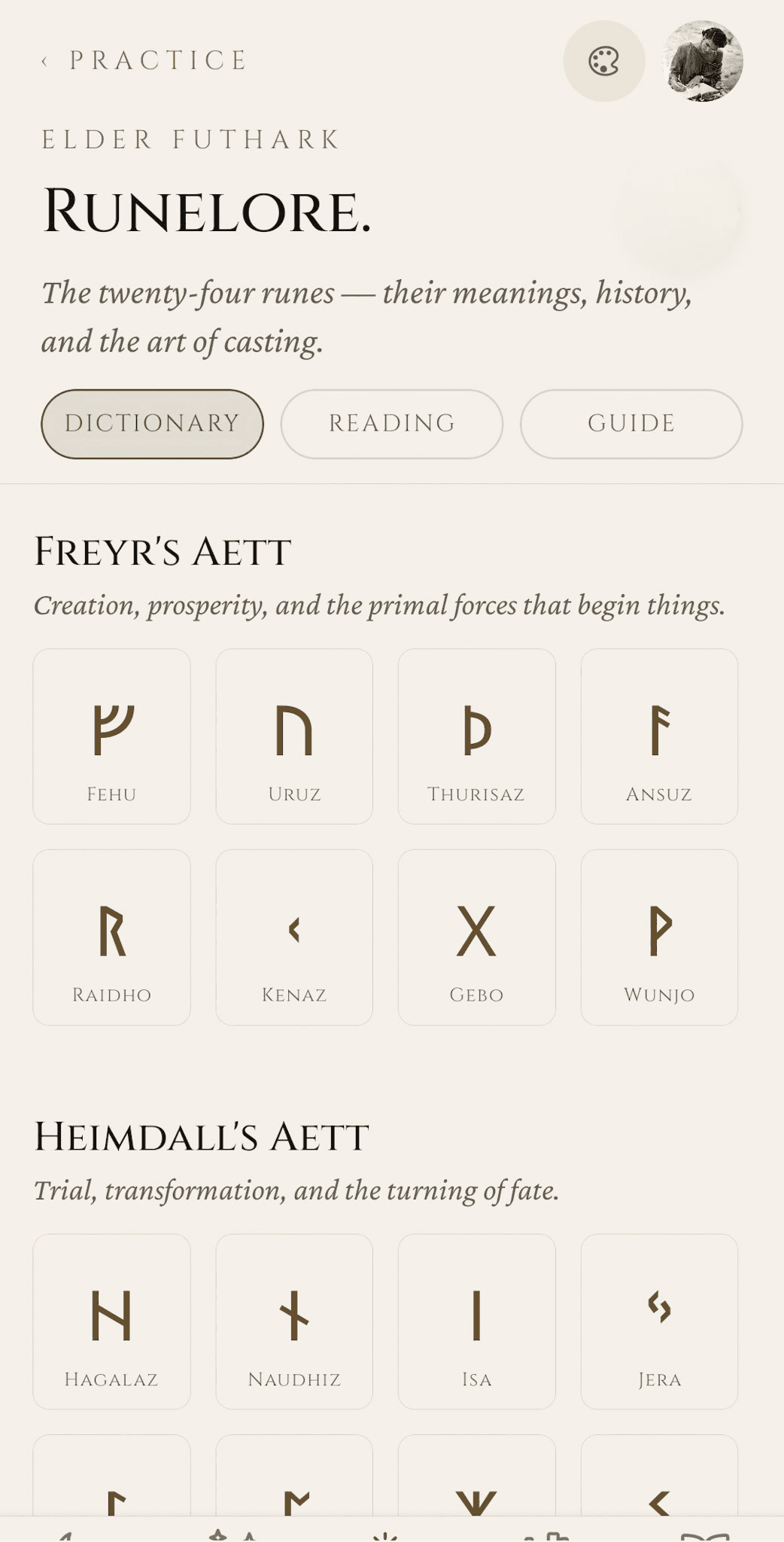 Runelore dictionary — Elder Futhark eyebrow, three tabs (Dictionary, Reading, Guide), Freyr's Aett with eight runes including Fehu, Uruz, Thurisaz, Ansuz