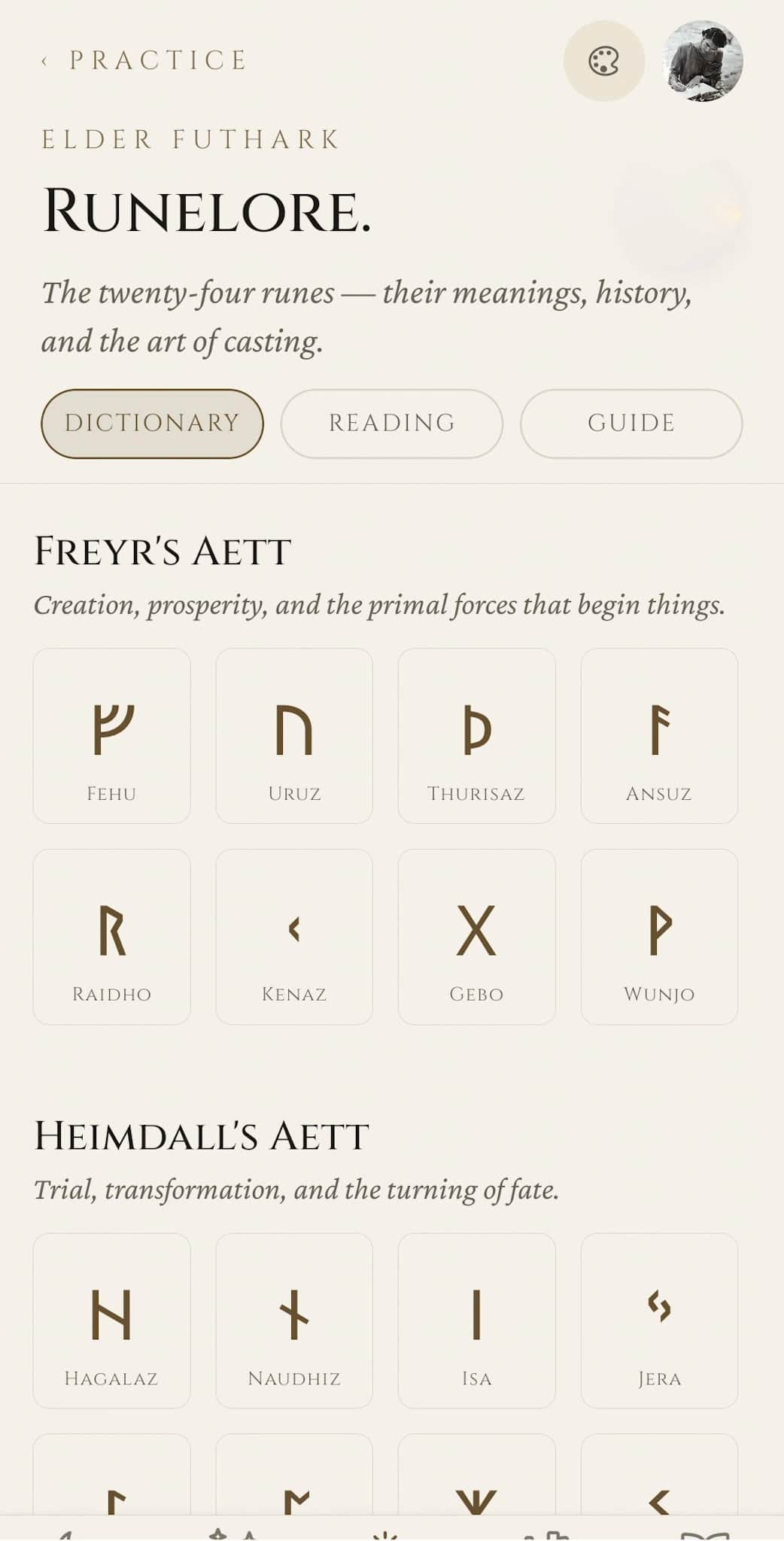 Runelore dictionary: Elder Futhark eyebrow, three tabs (Dictionary, Reading, Guide), Freyr's Aett with eight runes including Fehu, Uruz, Thurisaz, Ansuz