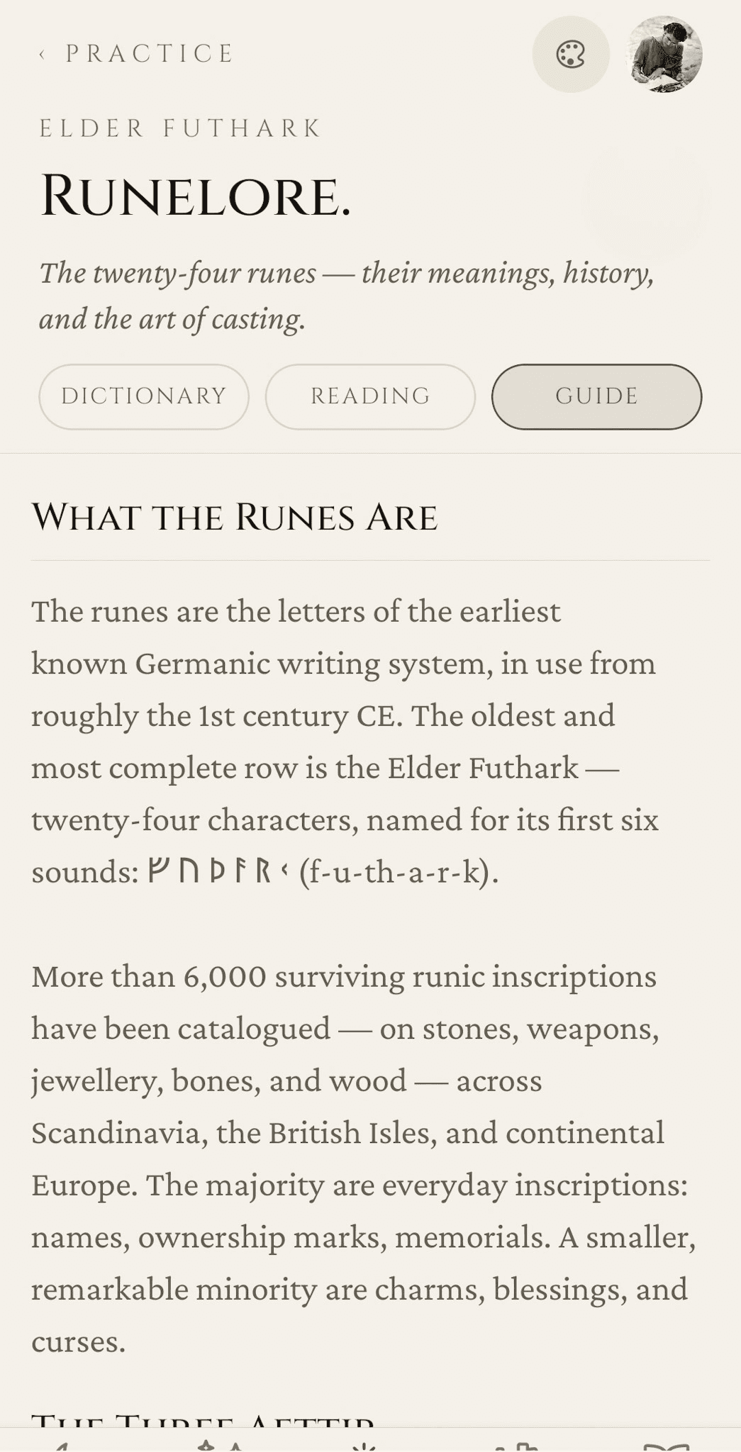 Runelore guide — What the Runes Are section with prose on the Elder Futhark's history, surviving inscriptions, and the row's six-letter name