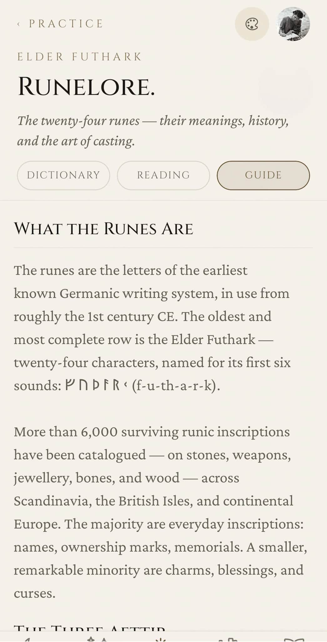 Runelore guide: What the Runes Are section with prose on the Elder Futhark's history, surviving inscriptions, and the row's six-letter name