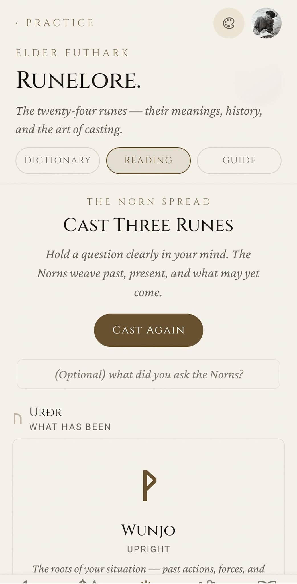 Runelore reading: Norn three-rune spread, Cast Three Runes button, optional question field, and an example cast showing Wunjo upright in the Urðr (what has been) position