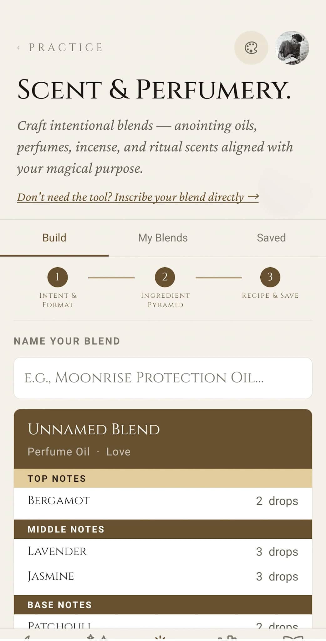 Scent & Perfumery: step 3, name your blend. The completed Perfume Oil shown as a structured recipe with top, middle, and base notes (Bergamot, Lavender, Jasmine, Patchouli) and their doses