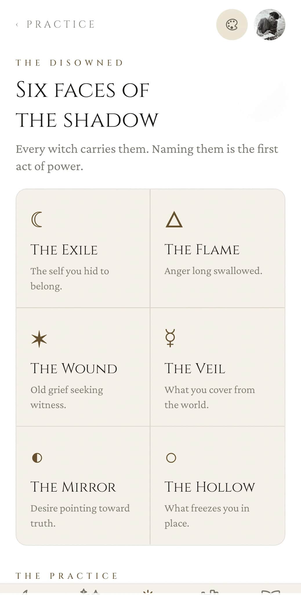 Six Faces of the Shadow: The Disowned framing with six archetype cards: The Exile, The Flame, The Wound, The Veil, The Mirror, and The Hollow, each with a one-line description