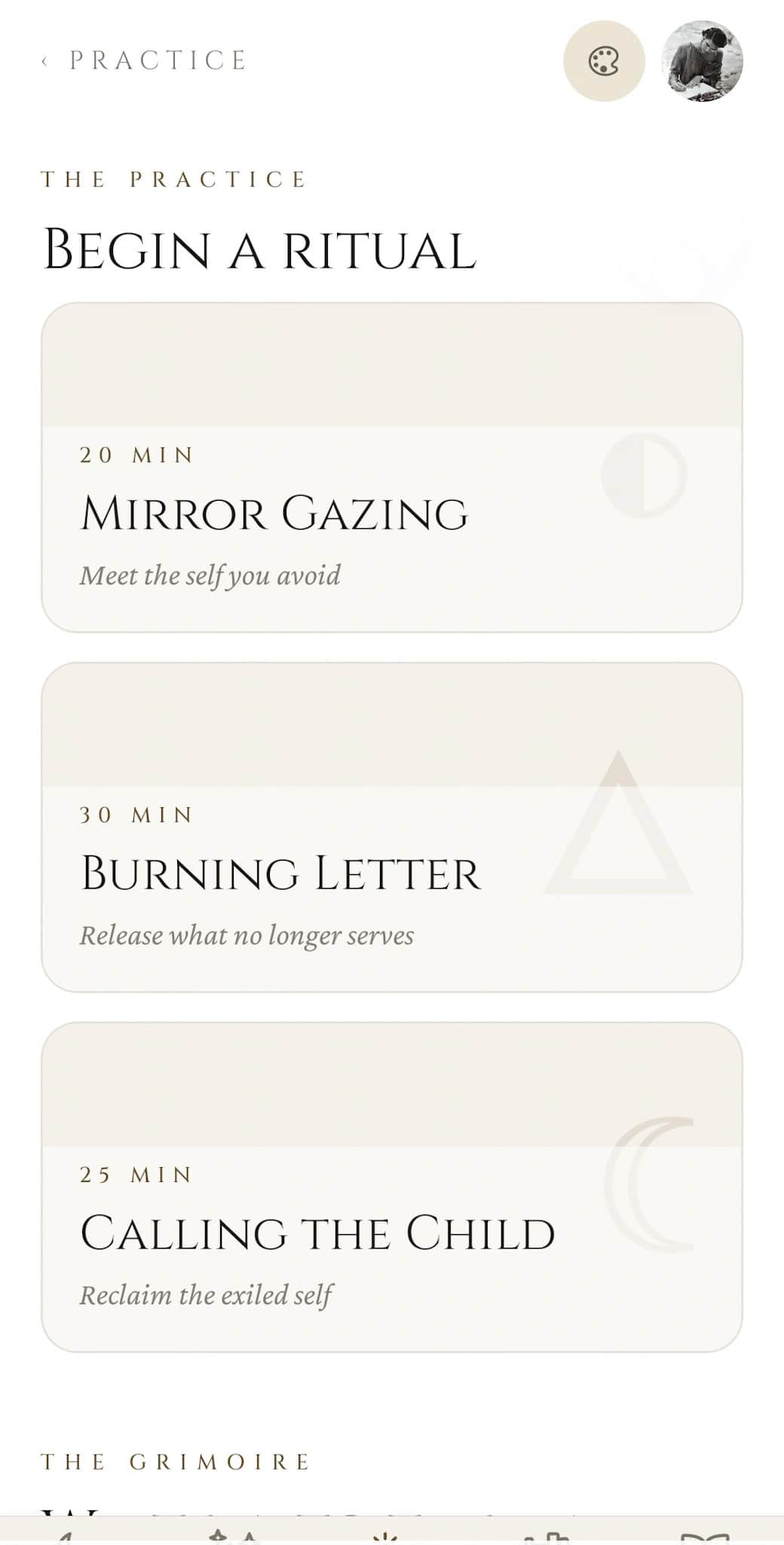 Shadow Work practice: Begin a Ritual section with three guided rituals (Mirror Gazing 20 min, Burning Letter 30 min, Calling the Child 25 min)