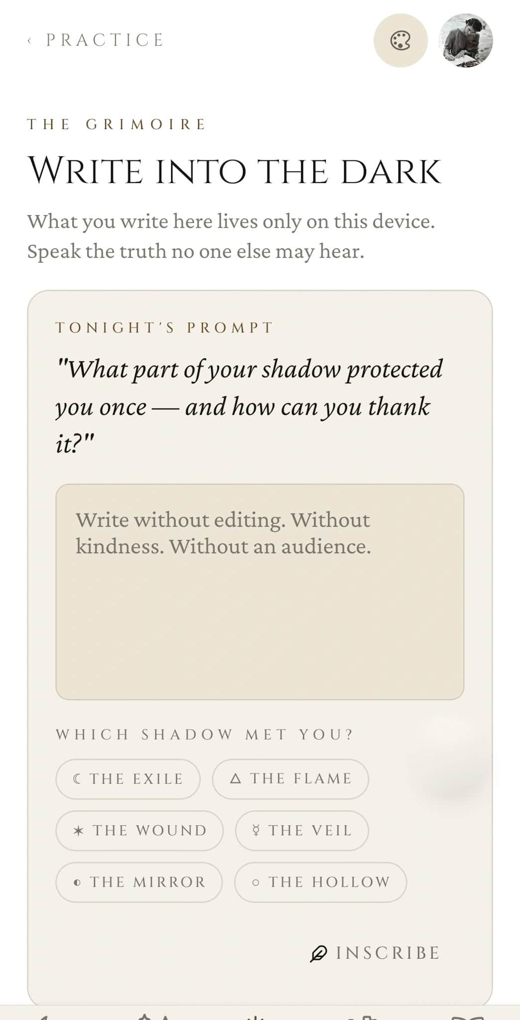 Shadow Work journal: Write into the Dark prompt entry with a privacy notice ("lives only on this device"), tonight's prompt, a writing area, six shadow-face filter chips, and the Inscribe action