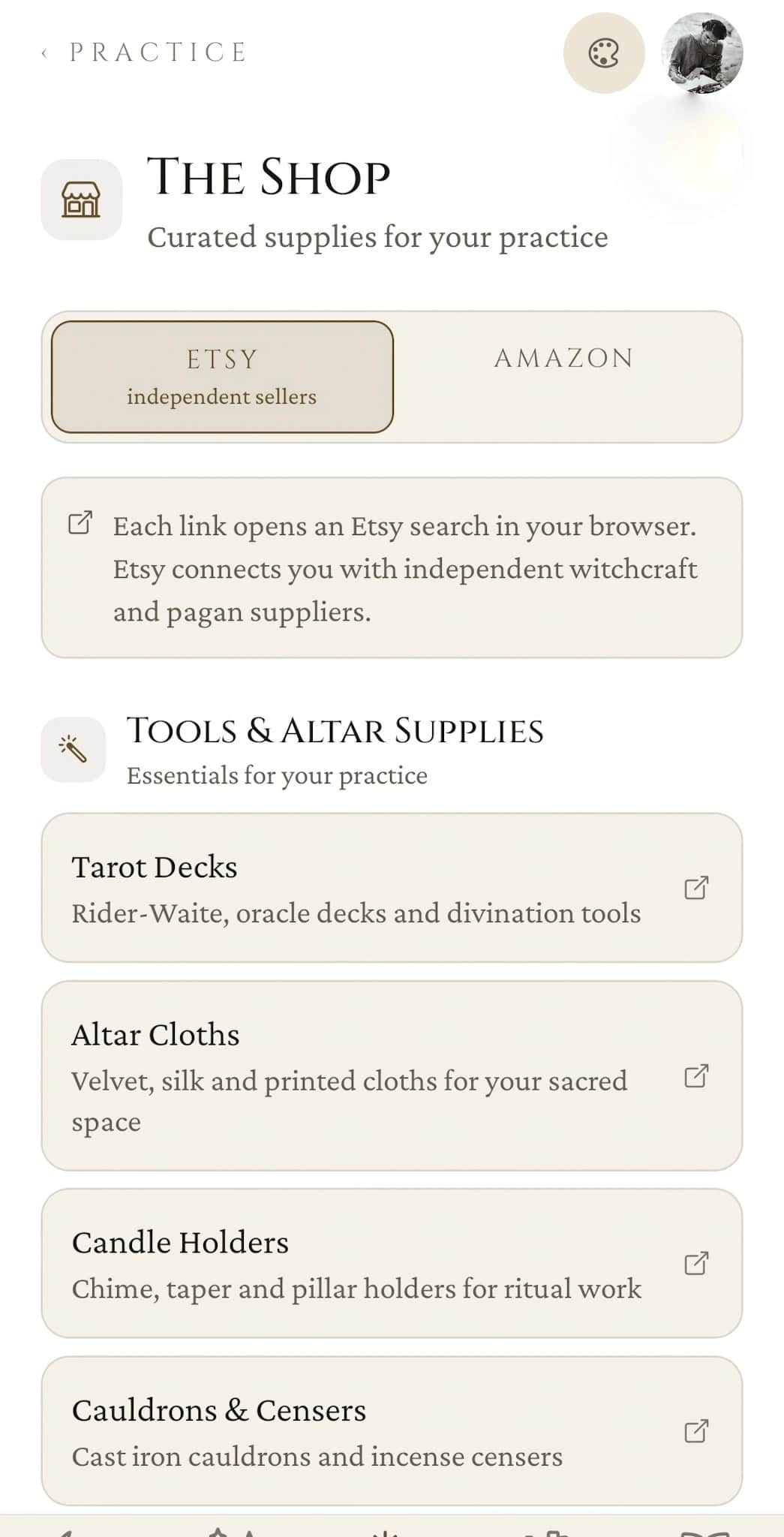 The Shop: Etsy tab active showing the independent-sellers notice and the Tools & Altar Supplies list (Tarot Decks, Altar Cloths, Candle Holders, Cauldrons & Censers)