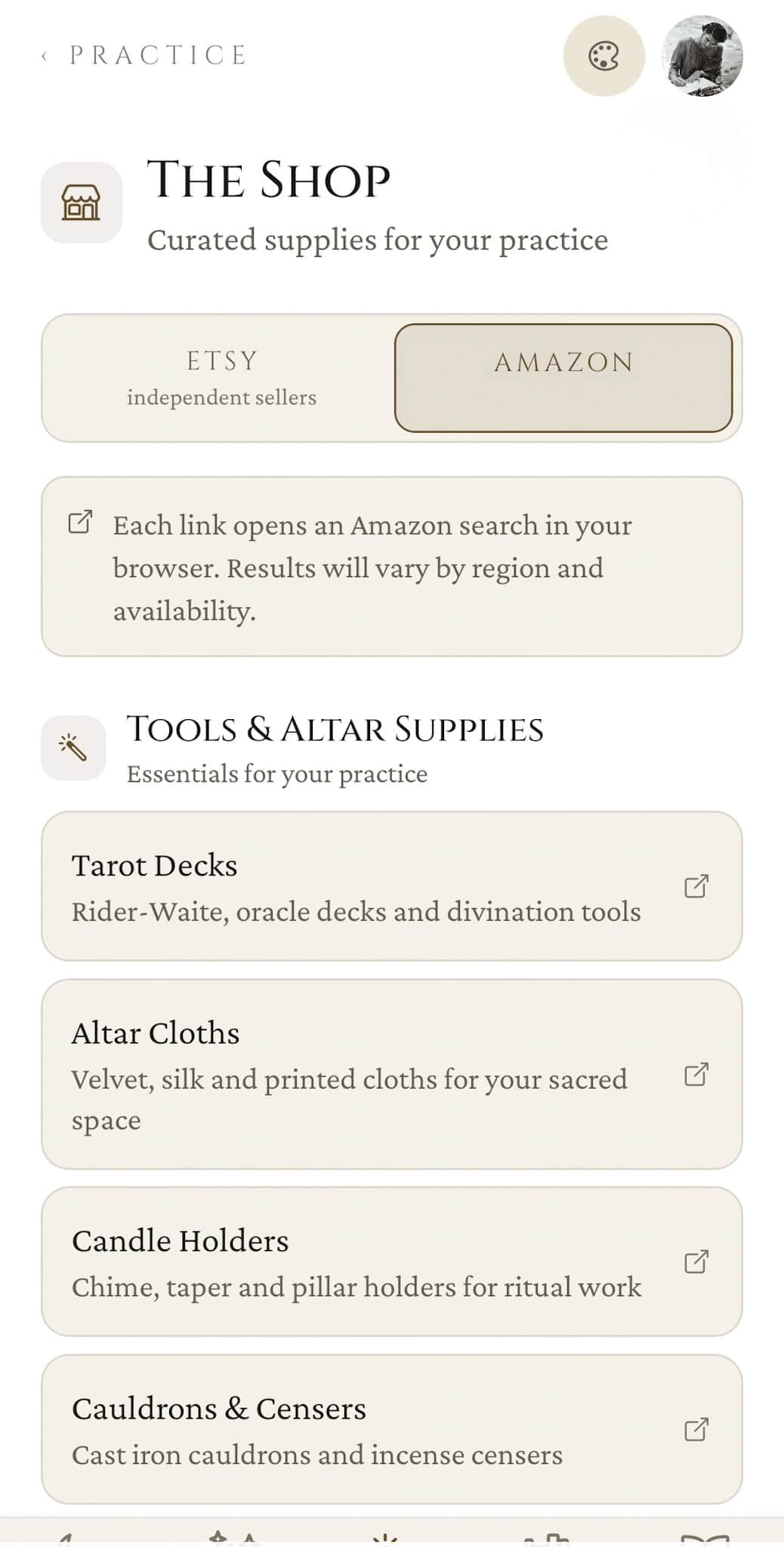 The Shop: Amazon tab active with a region-and-availability note above the same Tools & Altar Supplies list