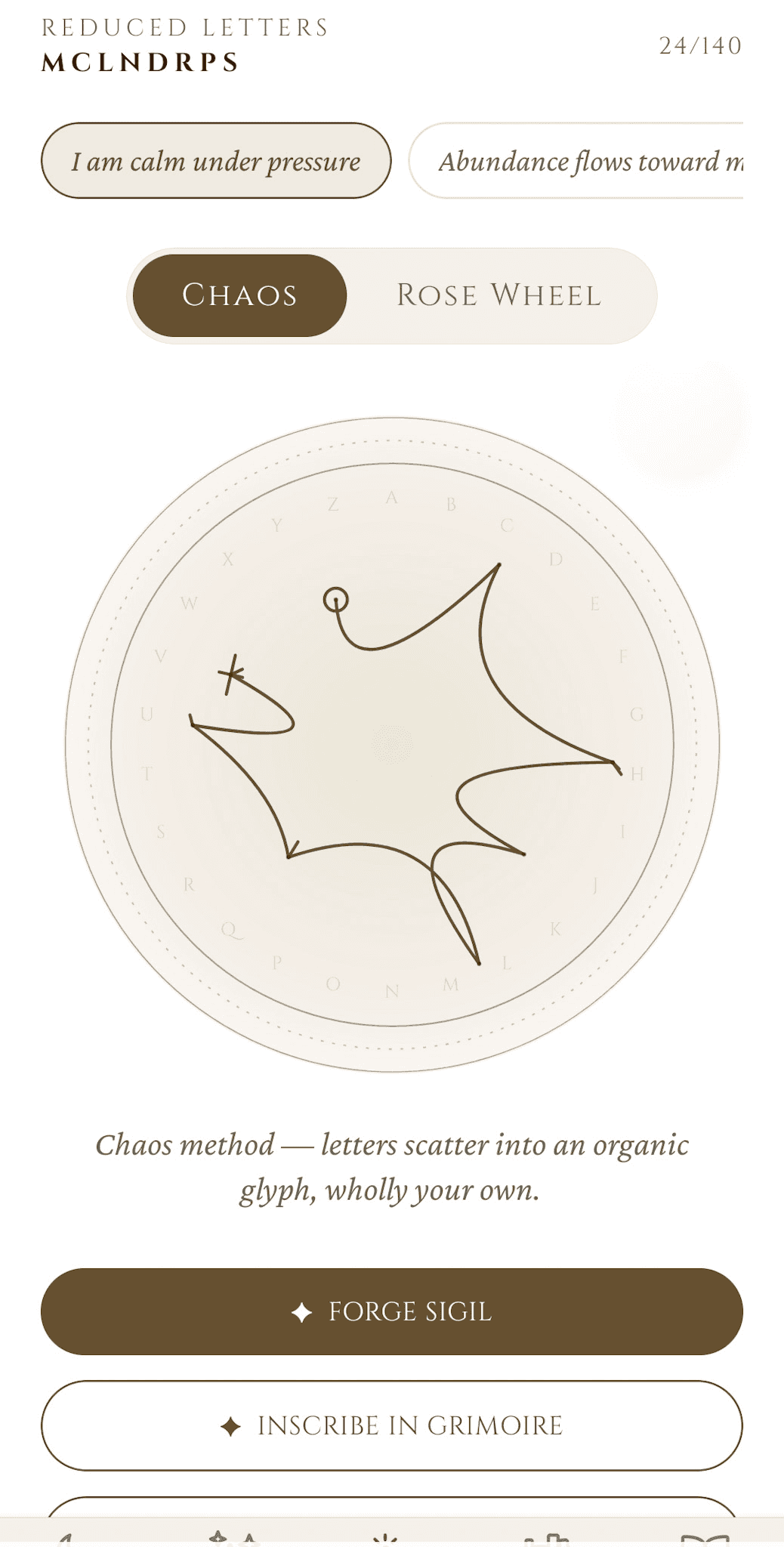 Sigil Forge — Chaos method, reduced consonants MCLNDRPS, the forged sigil shown as an organic angular glyph on a parchment canvas, with Forge Sigil and Inscribe in Grimoire actions