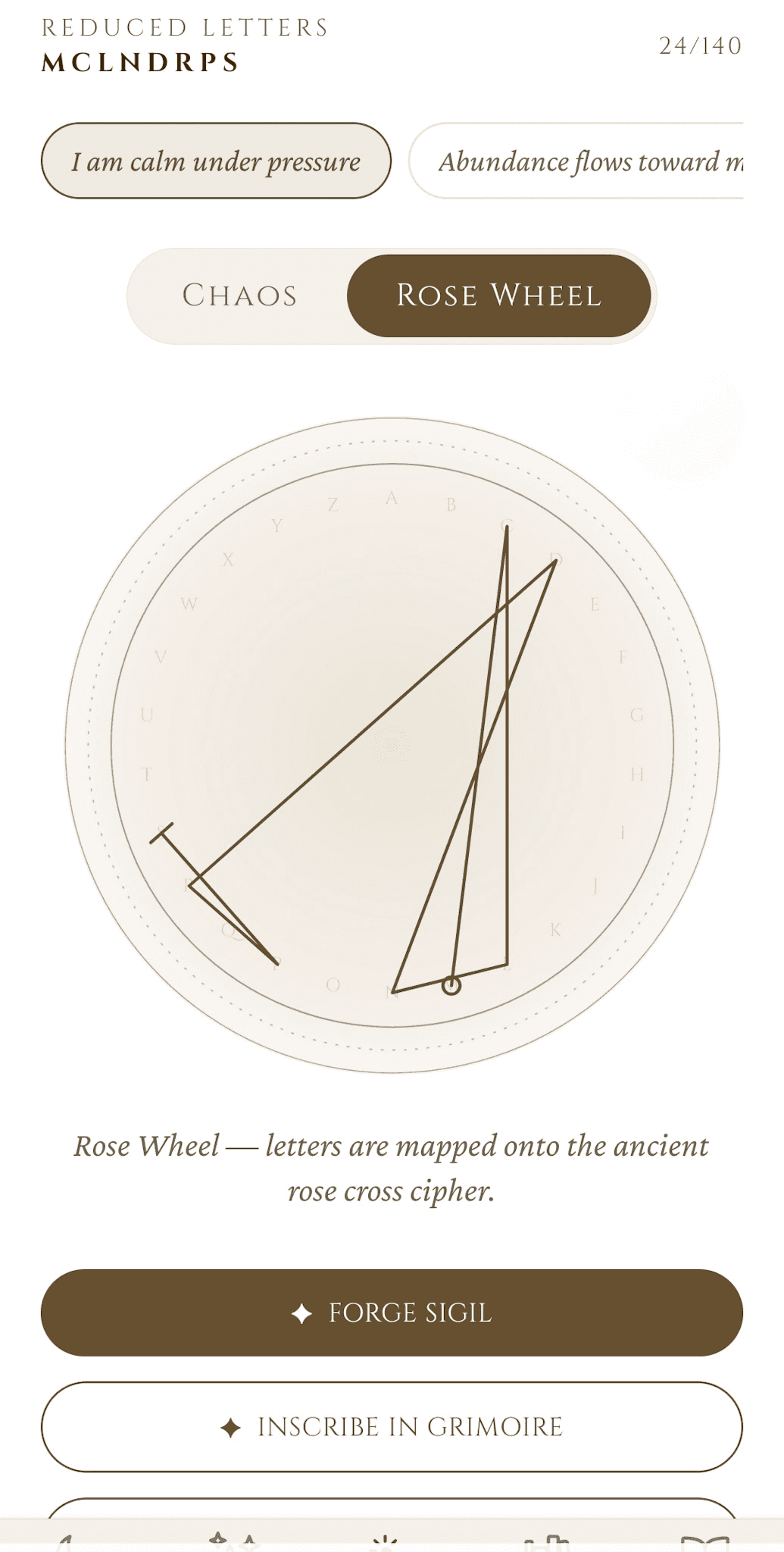 Sigil Forge — Rose Wheel method, the same intent rendered as a continuous line through the ancient rose-cross cipher