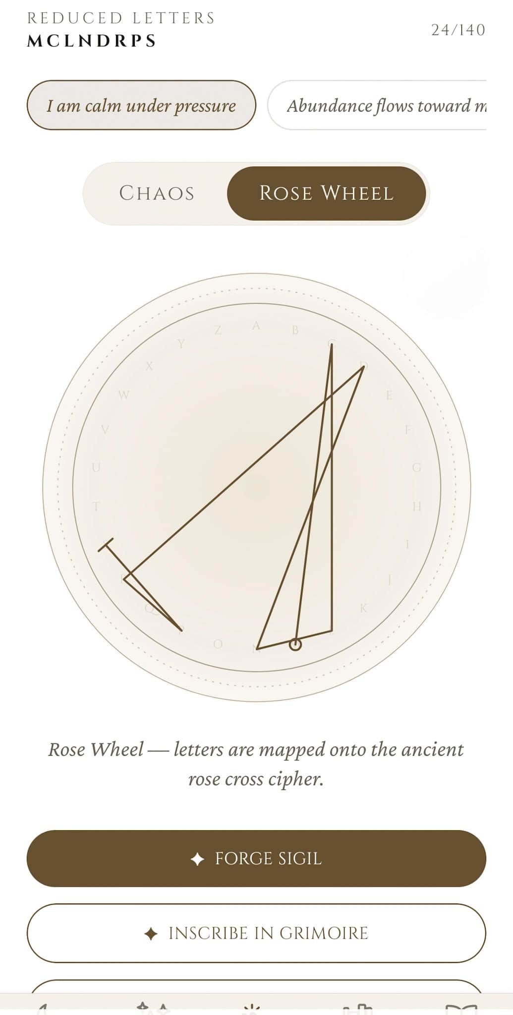 Sigil Forge: Rose Wheel method, the same intent rendered as a continuous line through the ancient rose-cross cipher