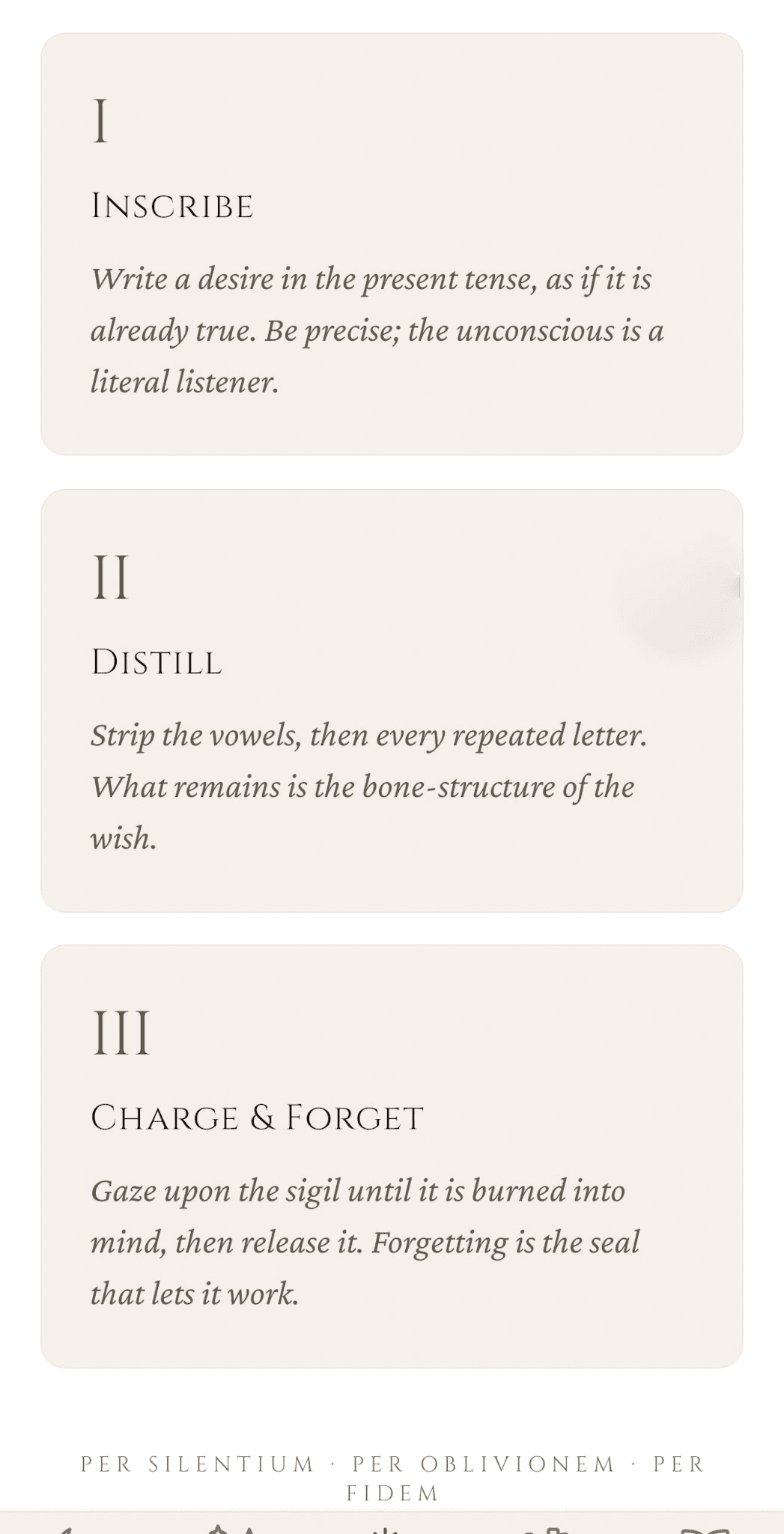 Sigil Forge ritual — the three-step instructions: I Inscribe, II Distill, III Charge & Forget, with the footer 'Per Silentium · Per Oblivionem · Per Fidem'