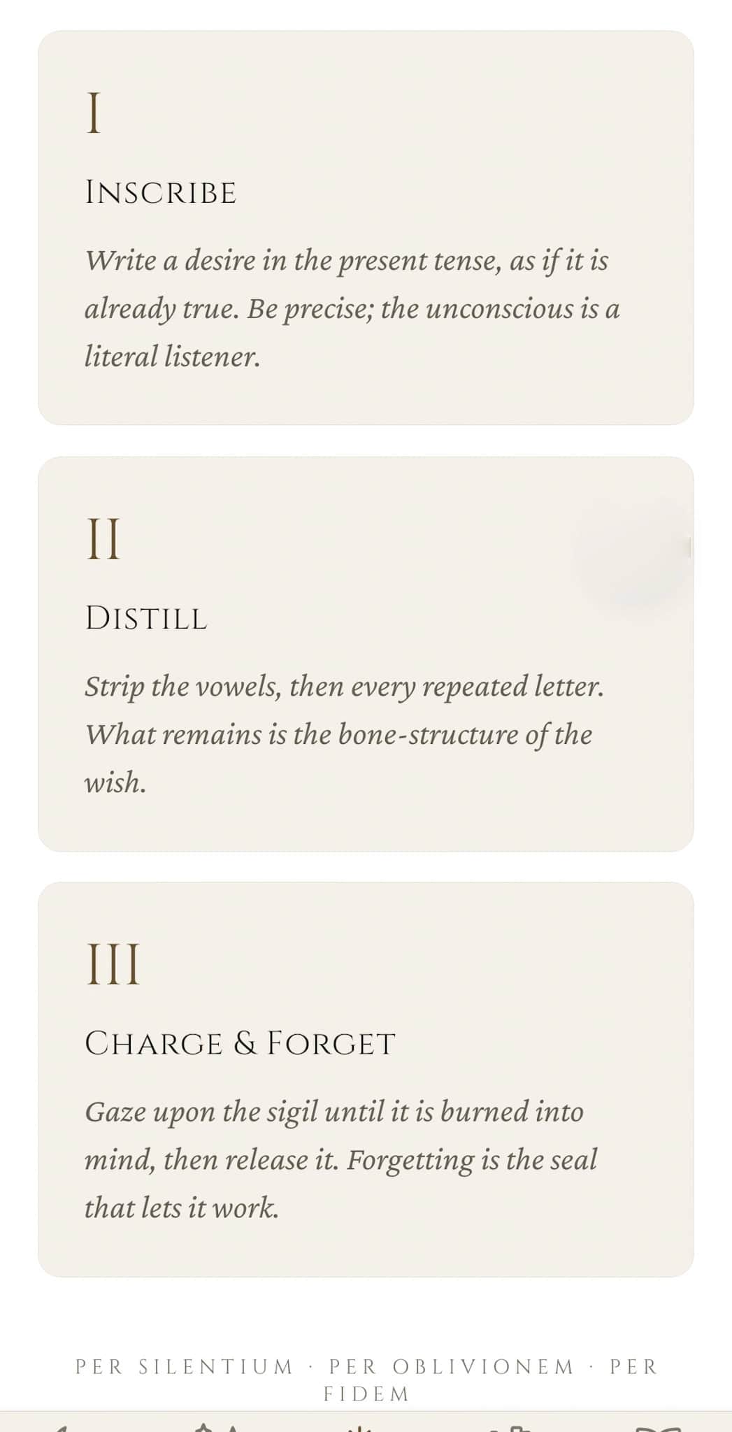 Sigil Forge ritual: the three-step instructions: I Inscribe, II Distill, III Charge & Forget, with the footer 'Per Silentium · Per Oblivionem · Per Fidem'