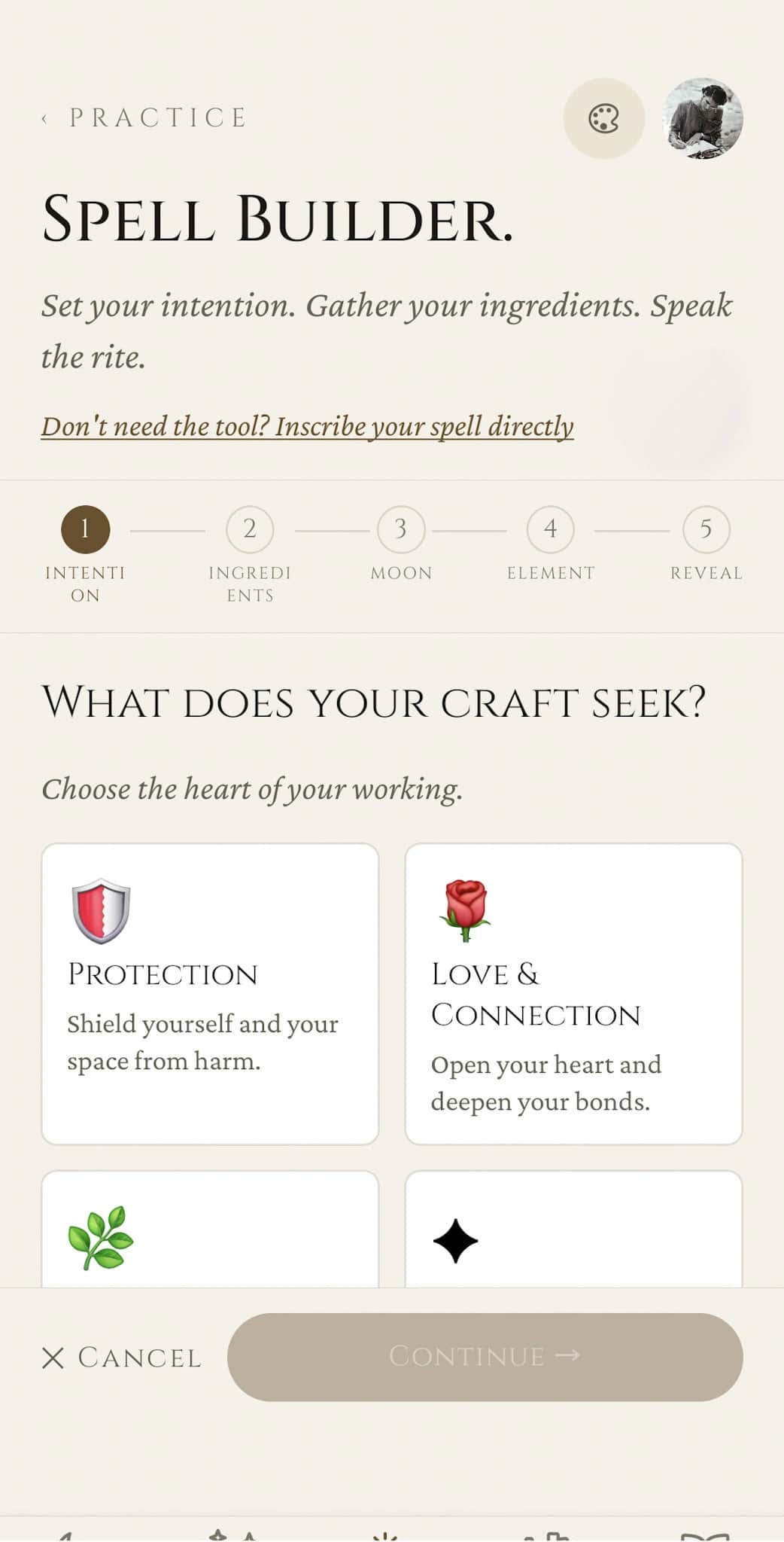 Spell Builder: step 1 of 5, choose the heart of your working from intention cards (Protection, Love & Connection, and others) on a five-step Intention → Ingredients → Moon → Element → Reveal flow