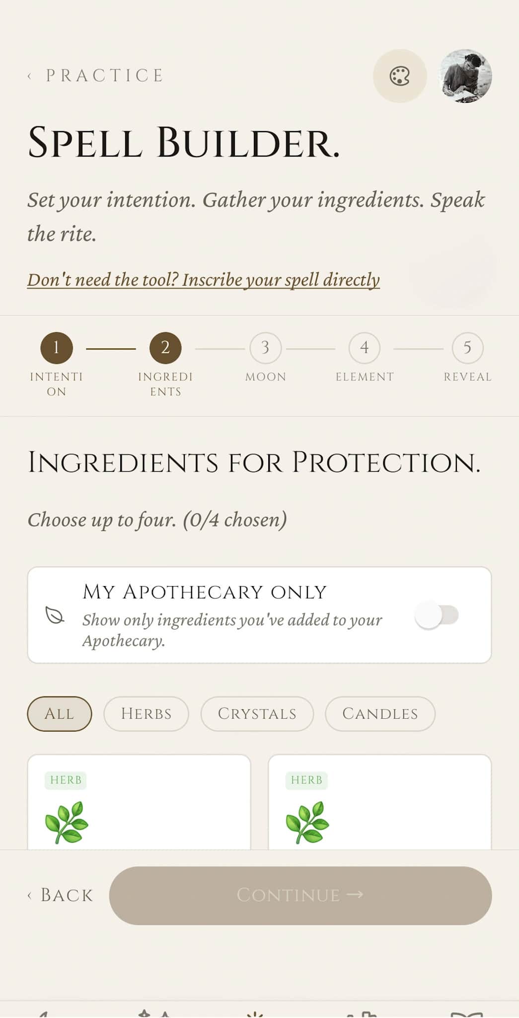 Spell Builder: step 2, choose up to four ingredients for Protection. My Apothecary only toggle, filter chips for Herbs / Crystals / Candles, and a grid of ingredient cards