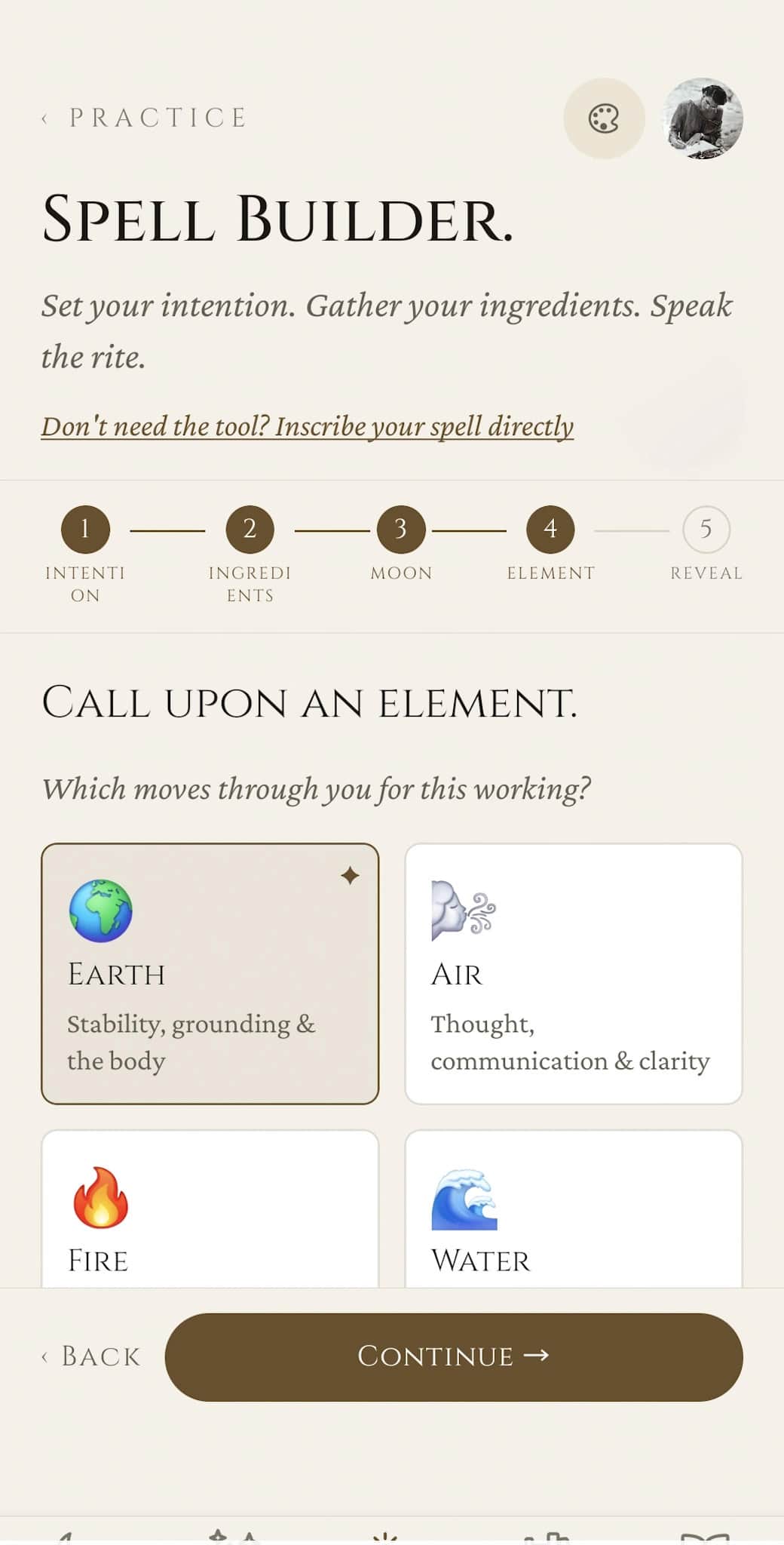 Spell Builder: step 4, call upon an element. Earth, Air, Fire, and Water cards each with their domain (grounding, clarity, will, emotion)