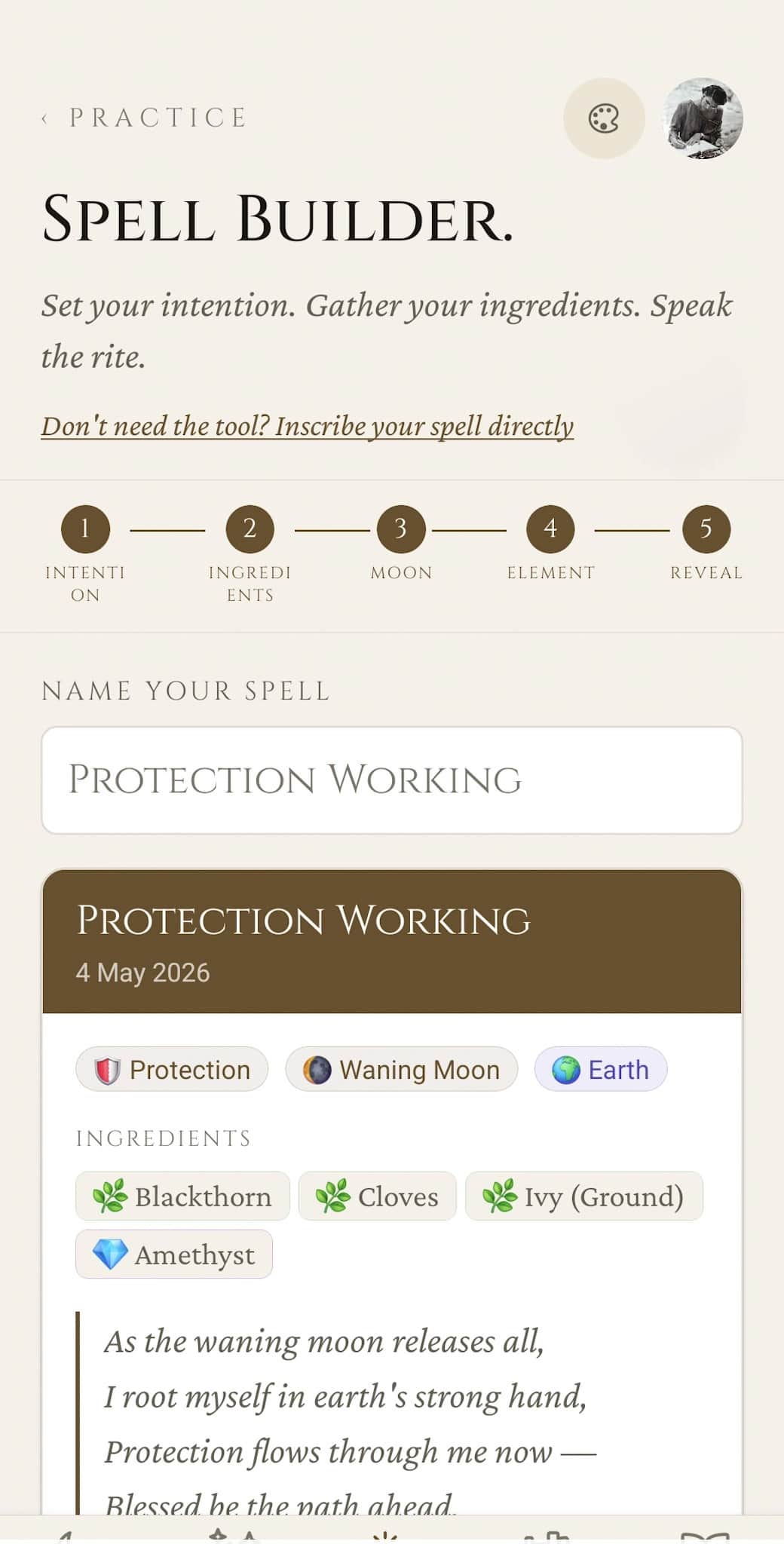 Spell Builder: step 5, the completed Protection Working with intention/moon/element chips, ingredient list (Blackthorn, Cloves, Ivy, Amethyst), and a generated prose incantation