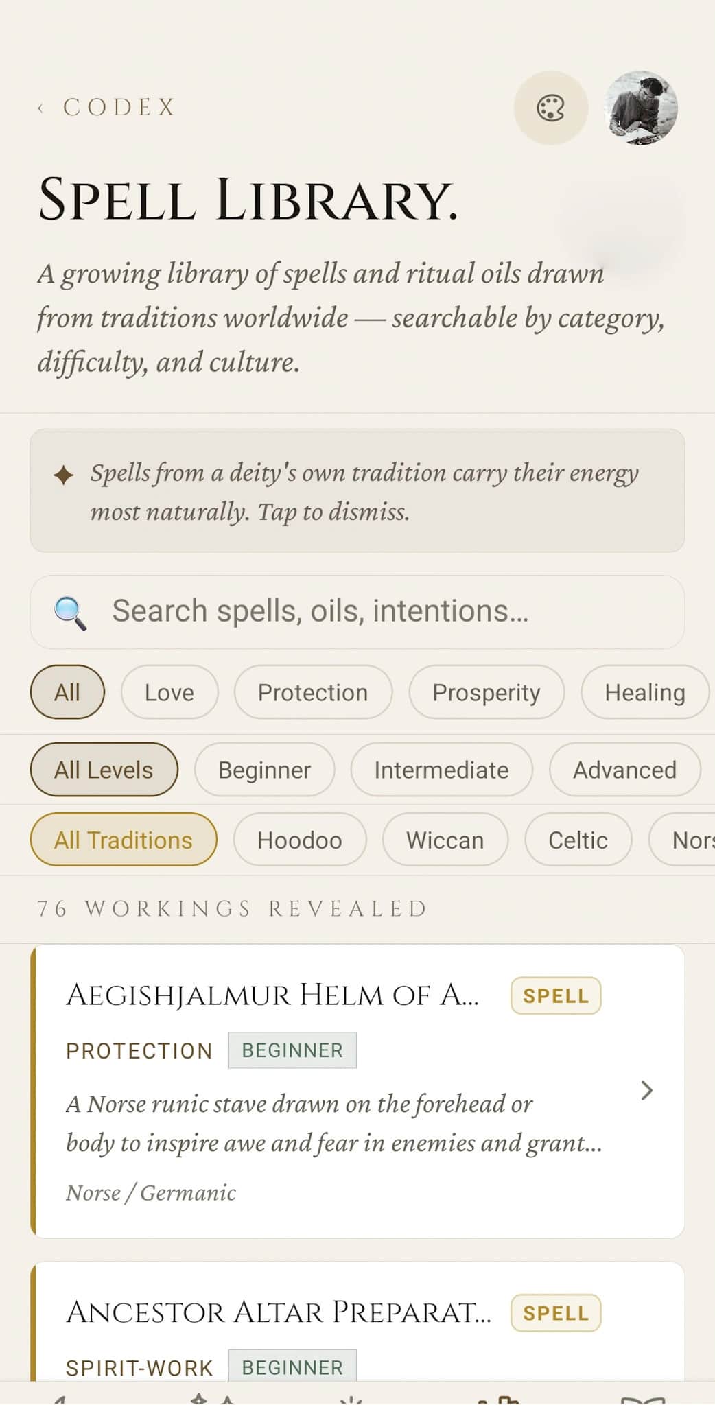 Spell Library home: search field, filter chips for category (Love, Protection, Prosperity, Healing), level (Beginner, Intermediate, Advanced) and tradition (Hoodoo, Wiccan, Celtic, Norse), 76 workings revealed, with the first entries (Aegishjálmur Helm of Awe, Ancestor Altar Preparation)