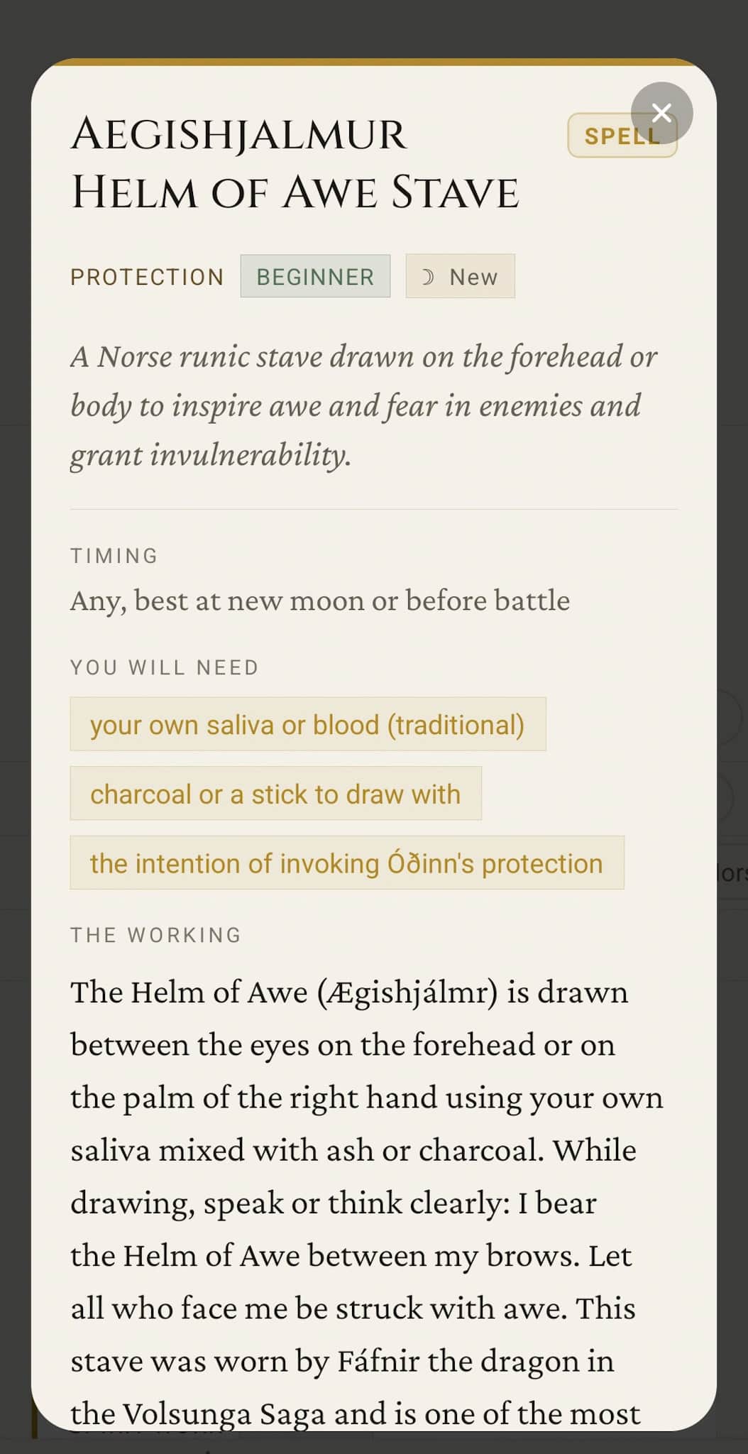 Spell detail: Aegishjálmur Helm of Awe Stave (Norse runic stave) with Protection / Beginner / New tags, prose description, Timing notes, You Will Need ingredient chips, and a step-by-step Working section