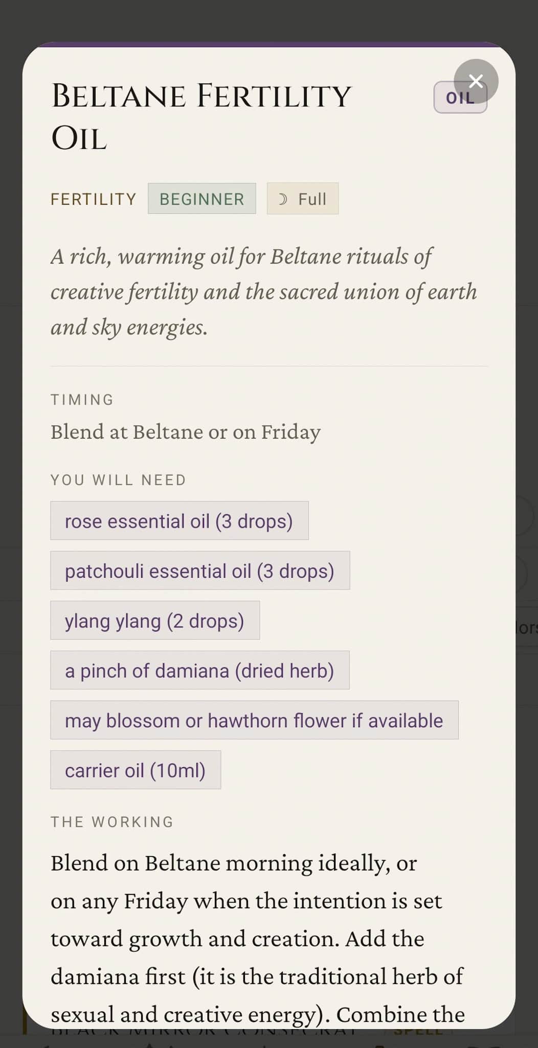 Oil detail: Beltane Fertility Oil with Fertility / Beginner / Full tags, prose description, Timing (blend at Beltane or on Friday), You Will Need ingredient chips with doses (rose, patchouli, ylang ylang, damiana, hawthorn, carrier oil), and the Working instructions