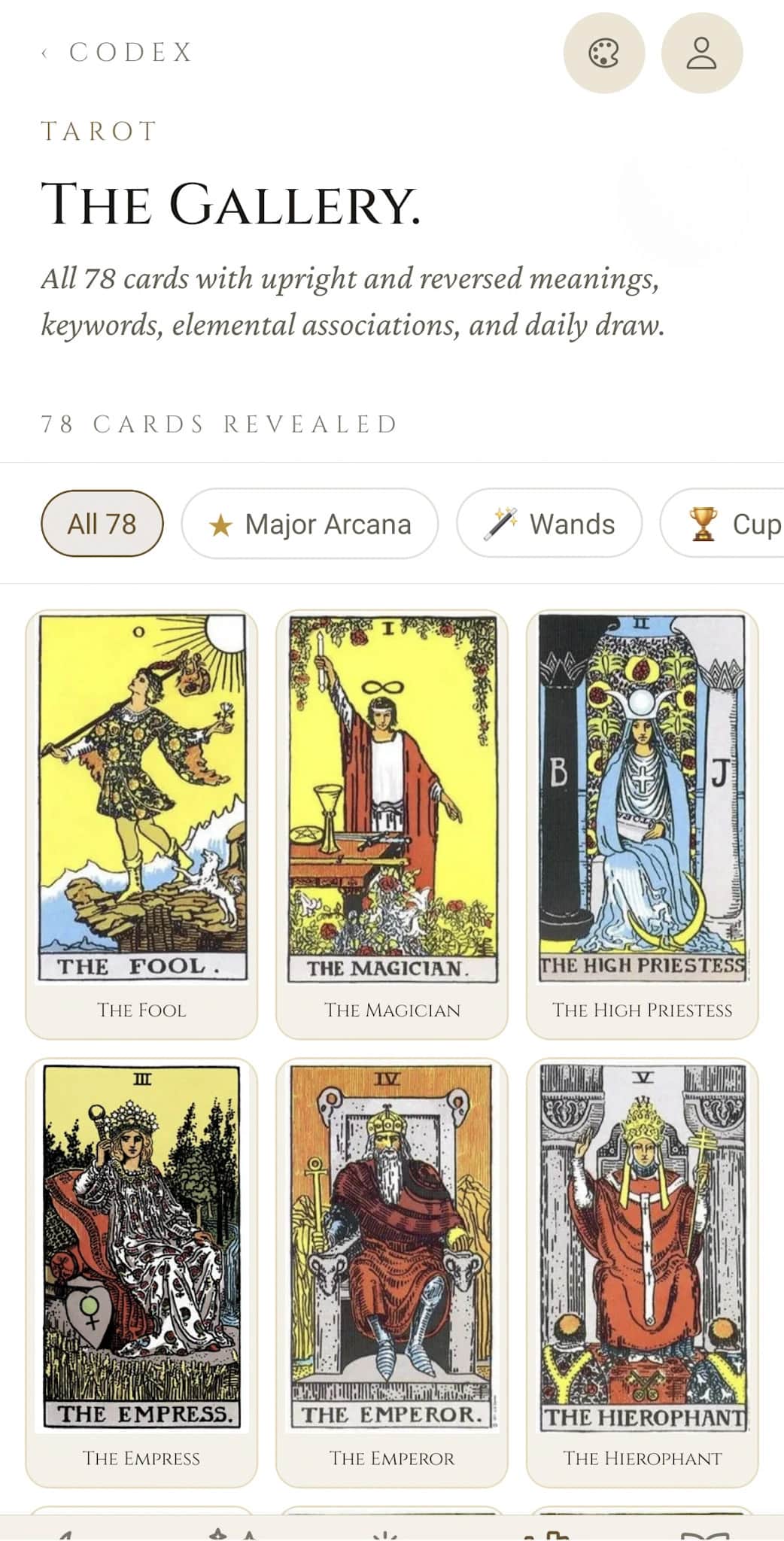 Tarot Gallery home: Tarot eyebrow, 78 cards revealed, suit filter chips (All 78, Major Arcana, Wands, Cups), and the start of the deck grid (The Fool, The Magician, The High Priestess, The Empress, The Emperor, The Hierophant)