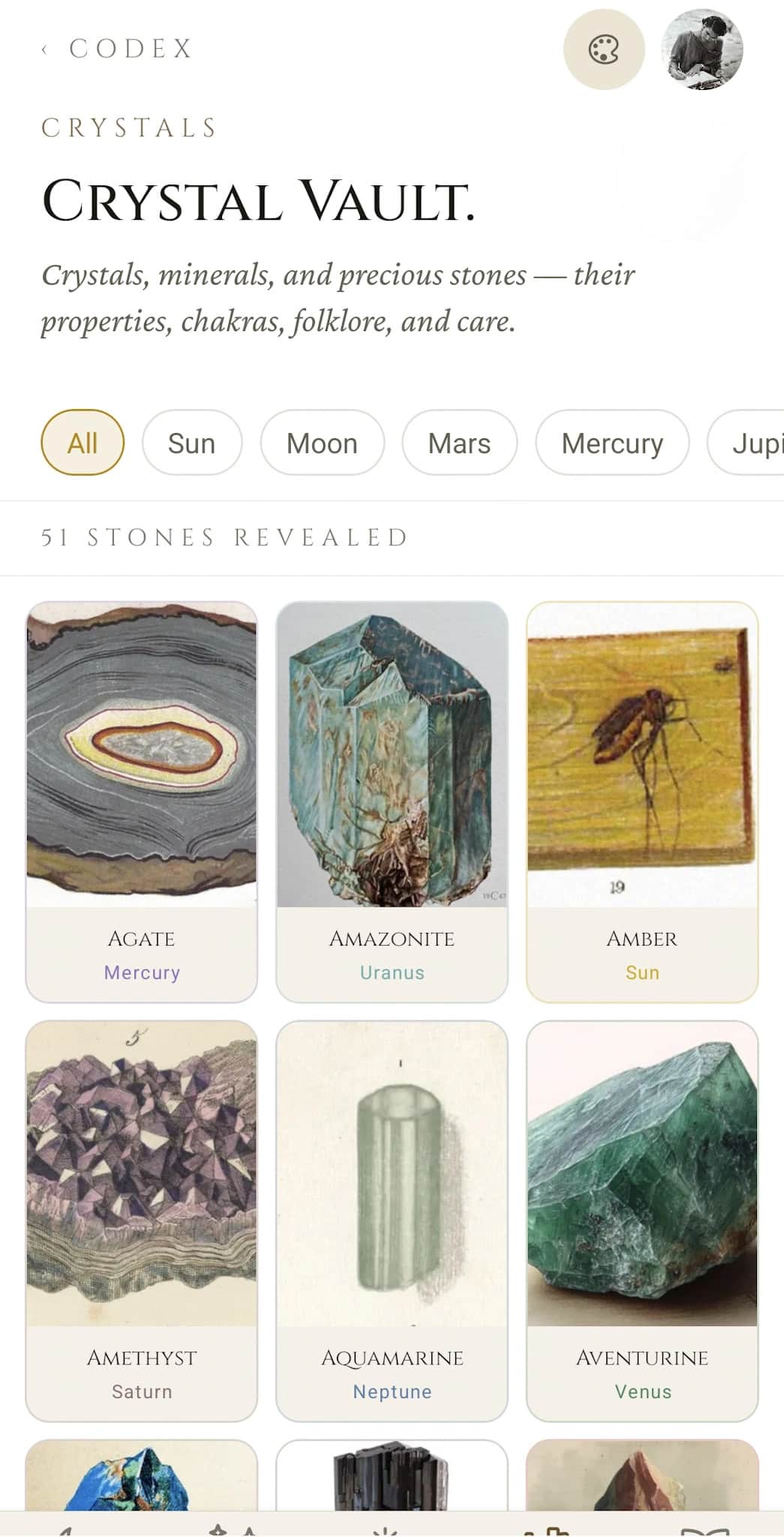 Crystal Vault home: Crystals eyebrow, planetary filter chips (Sun, Moon, Mars, Mercury, Jupiter), 51 stones revealed grid showing Agate, Amazonite, Amber, Amethyst, Aquamarine, Aventurine each with their planet ruler