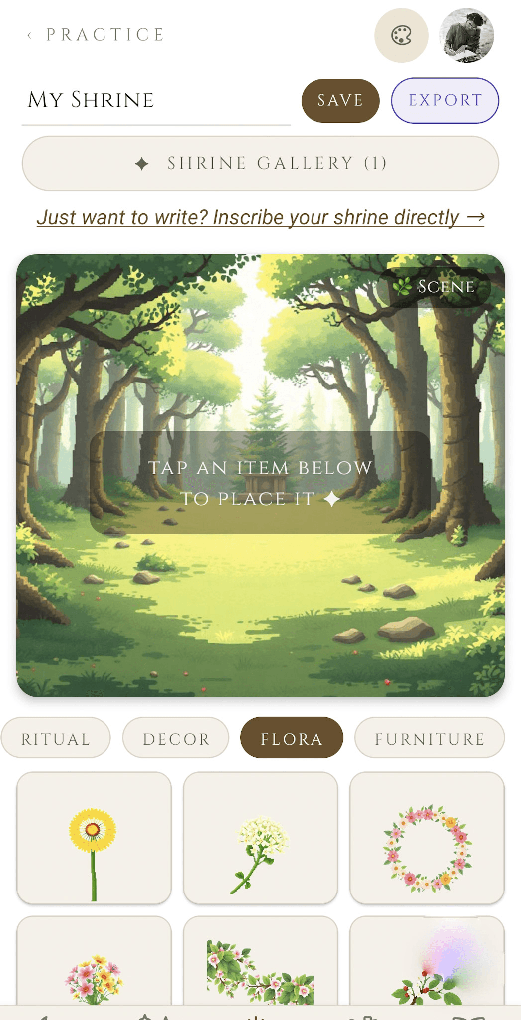 Virtual Altar — My Shrine canvas with a forest scene background, Save and Export actions, Shrine Gallery counter, and the item picker with Ritual / Decor / Flora / Furniture category chips
