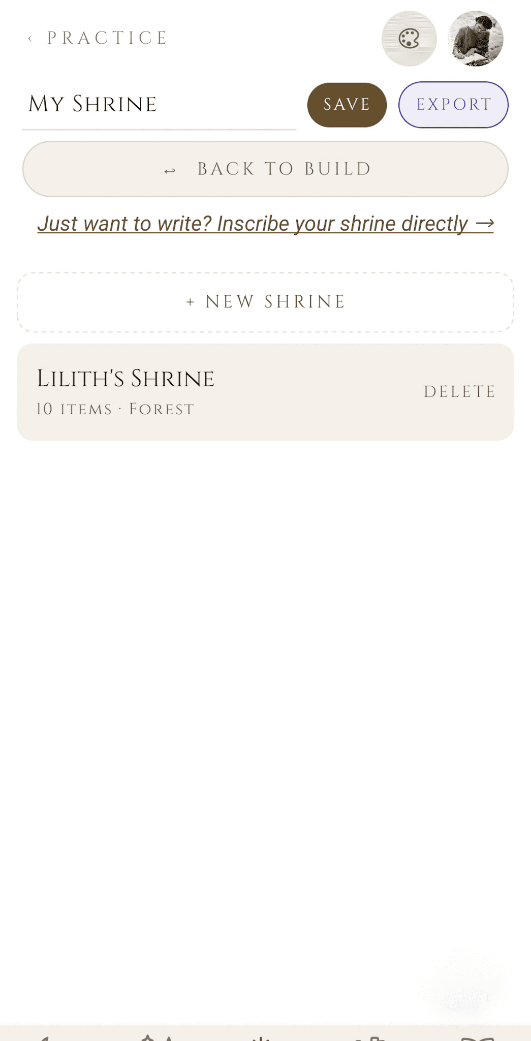 Virtual Altar gallery — saved shrines list showing Lilith's Shrine (10 items, Forest scene) with a New Shrine button to start fresh