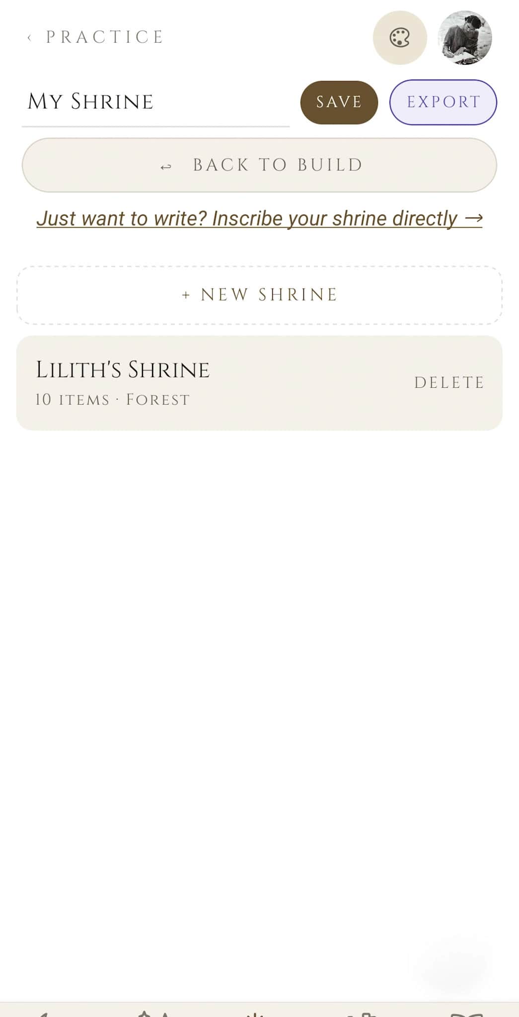 Virtual Altar gallery: saved shrines list showing Lilith's Shrine (10 items, Forest scene) with a New Shrine button to start fresh