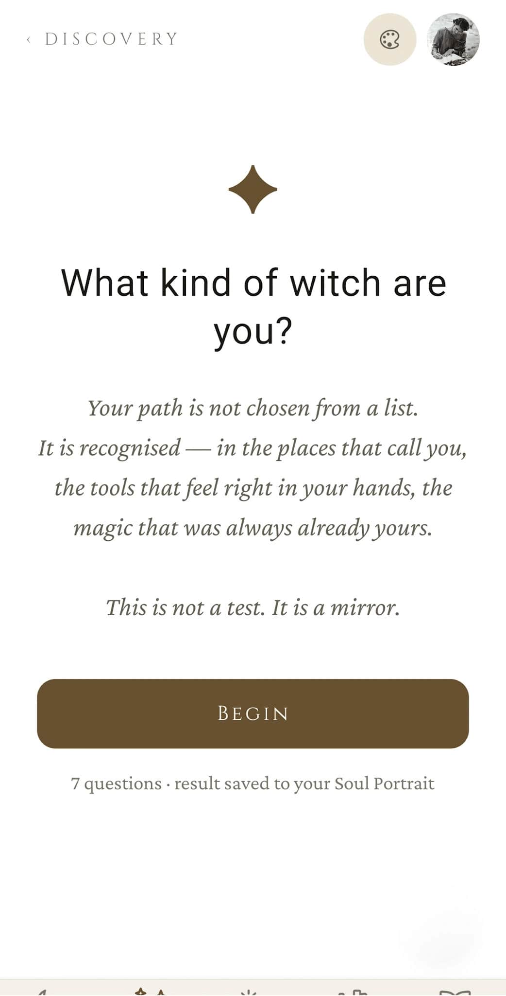 Witch Path quiz intro: your path is recognised, not chosen, with Begin CTA