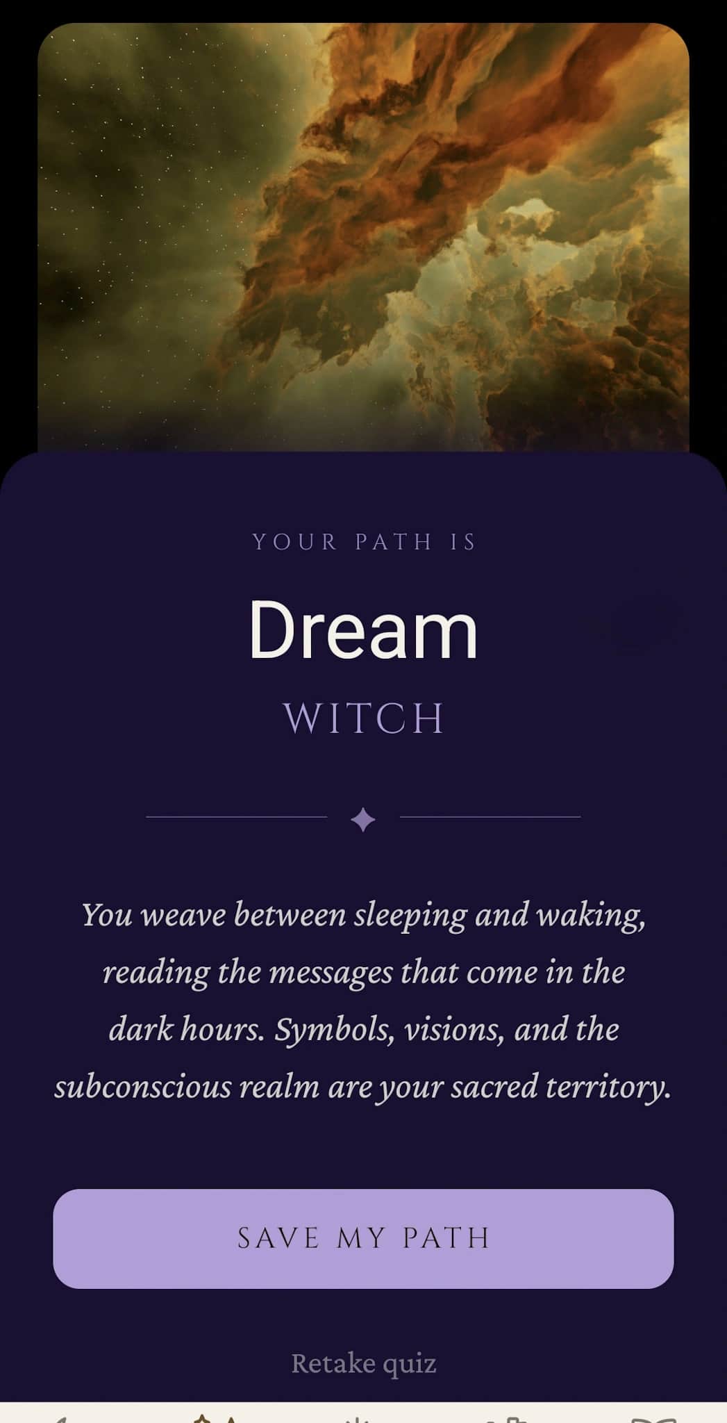 Witch Path result: Dream Witch archetype with descriptive text and Save My Path CTA