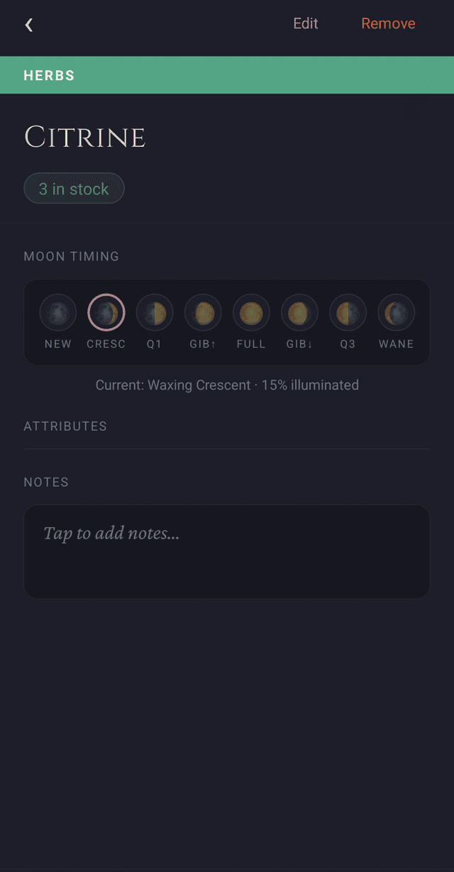 Grimoire apothecary — herb and ingredient detail view